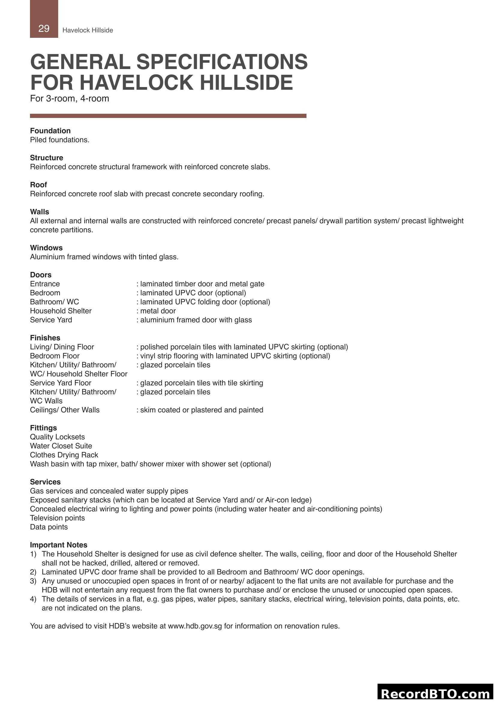 General Specifications for Havelock Hillside