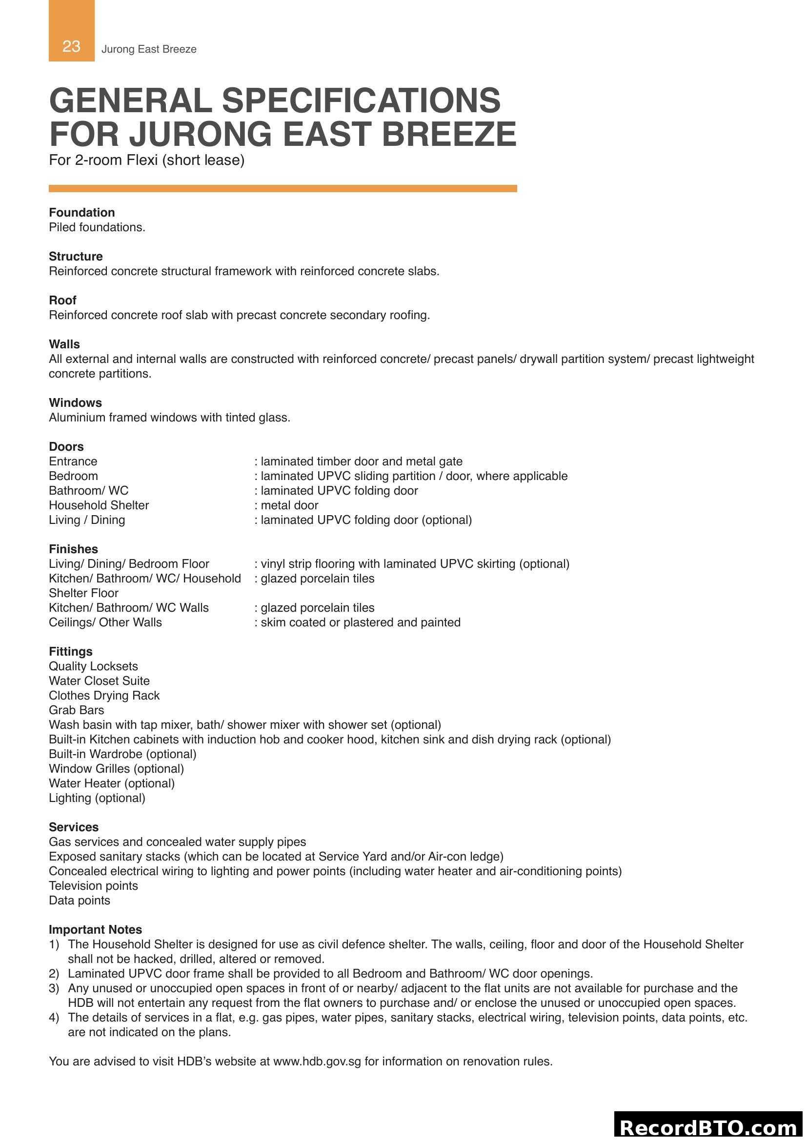 General Specifications for Jurong East Breeze (2-room Flexi)