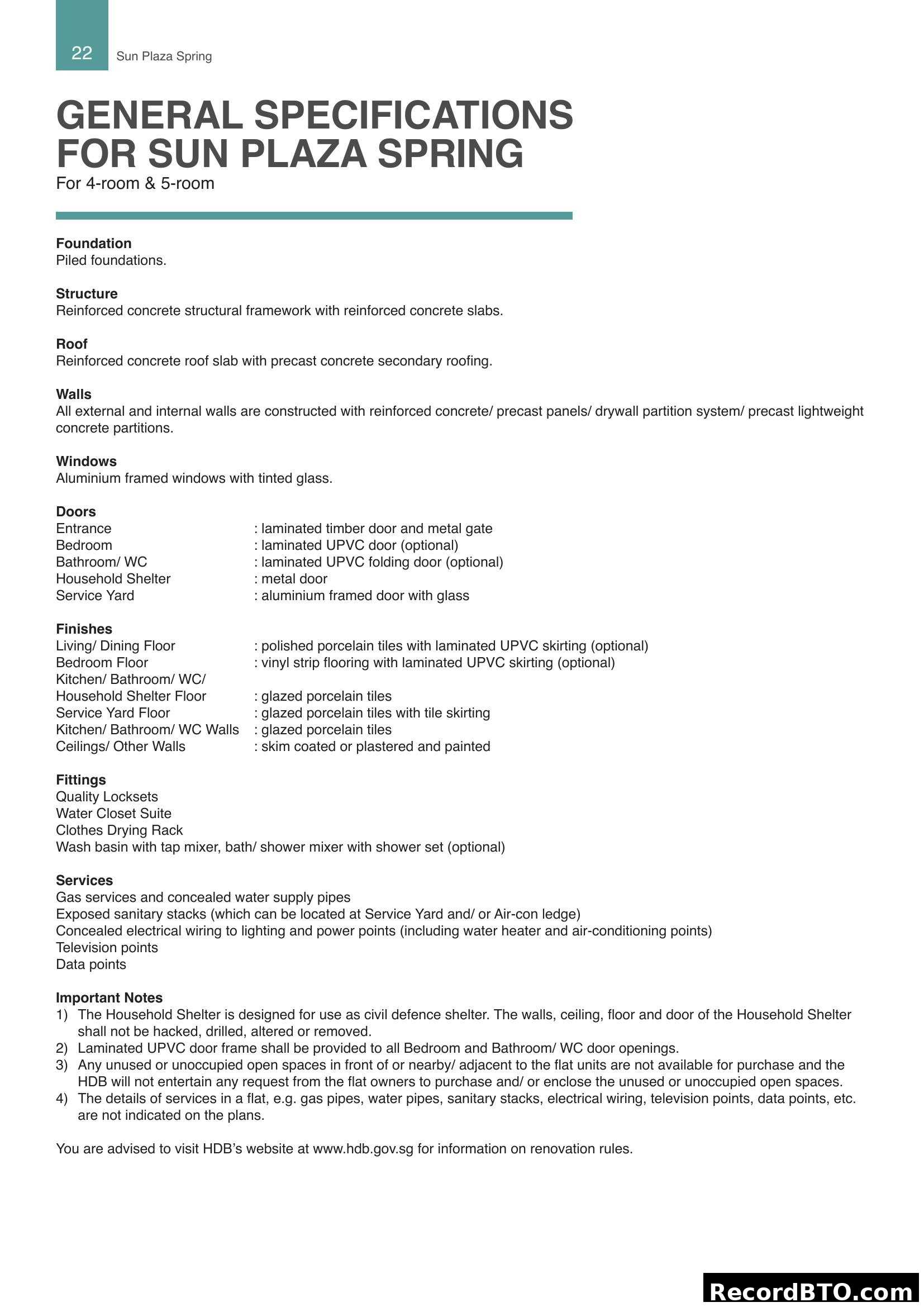 General Specifications for Sun Plaza Spring