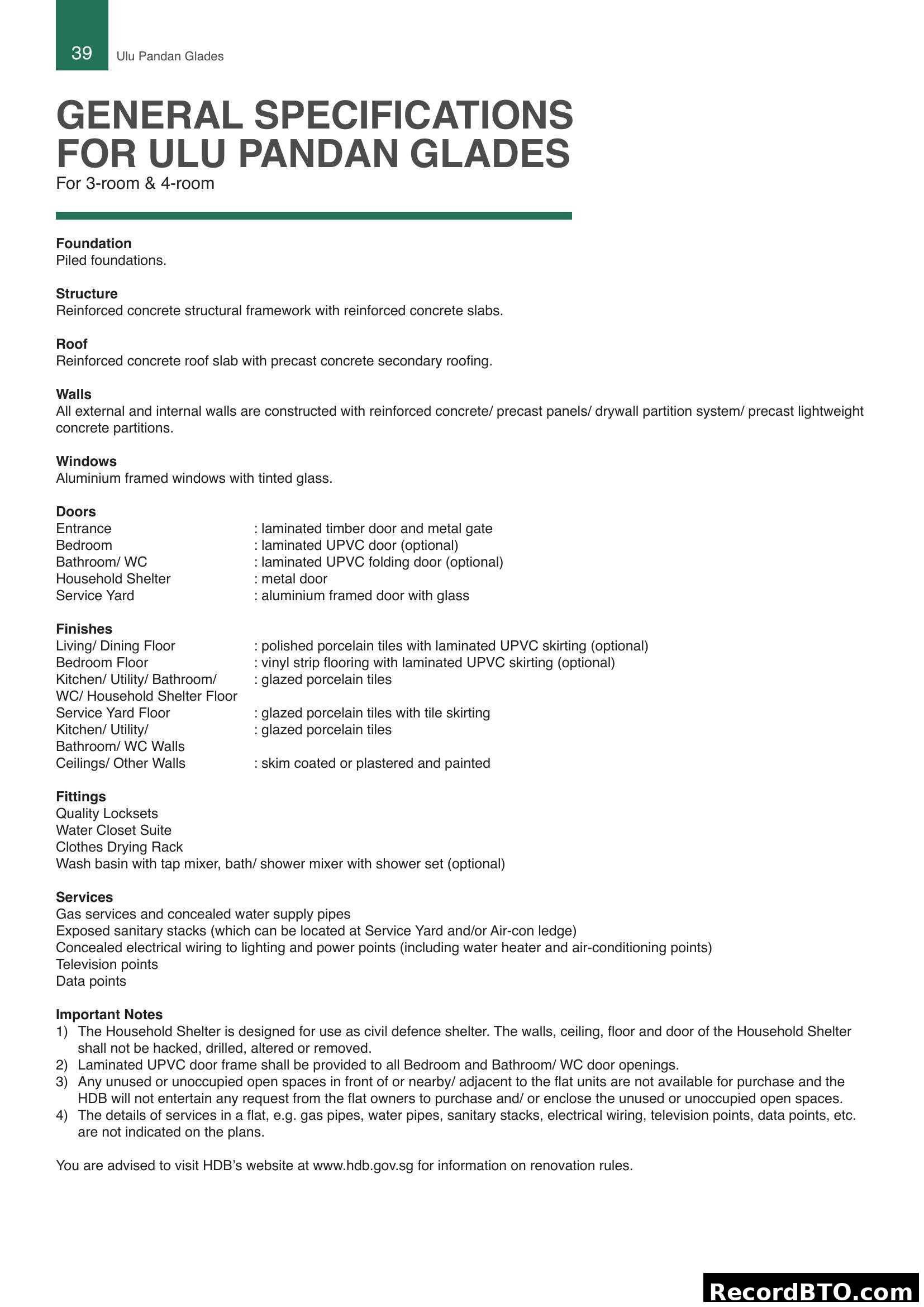 General Specifications for Ulu Pandan Glades