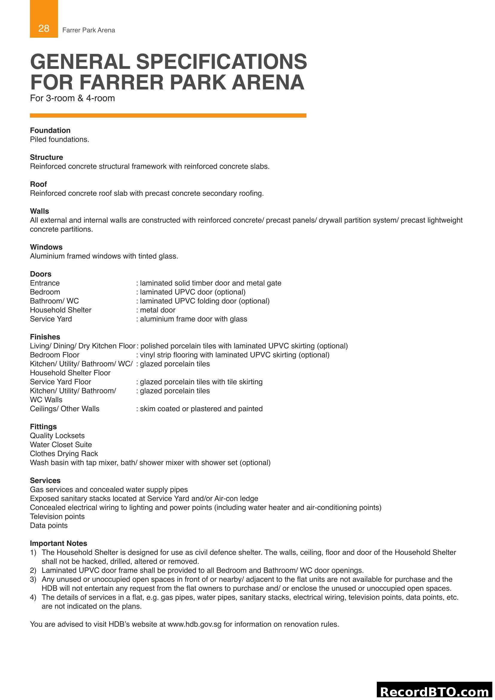 General Specifications for Farrer Park Arena (3- & 4-room)