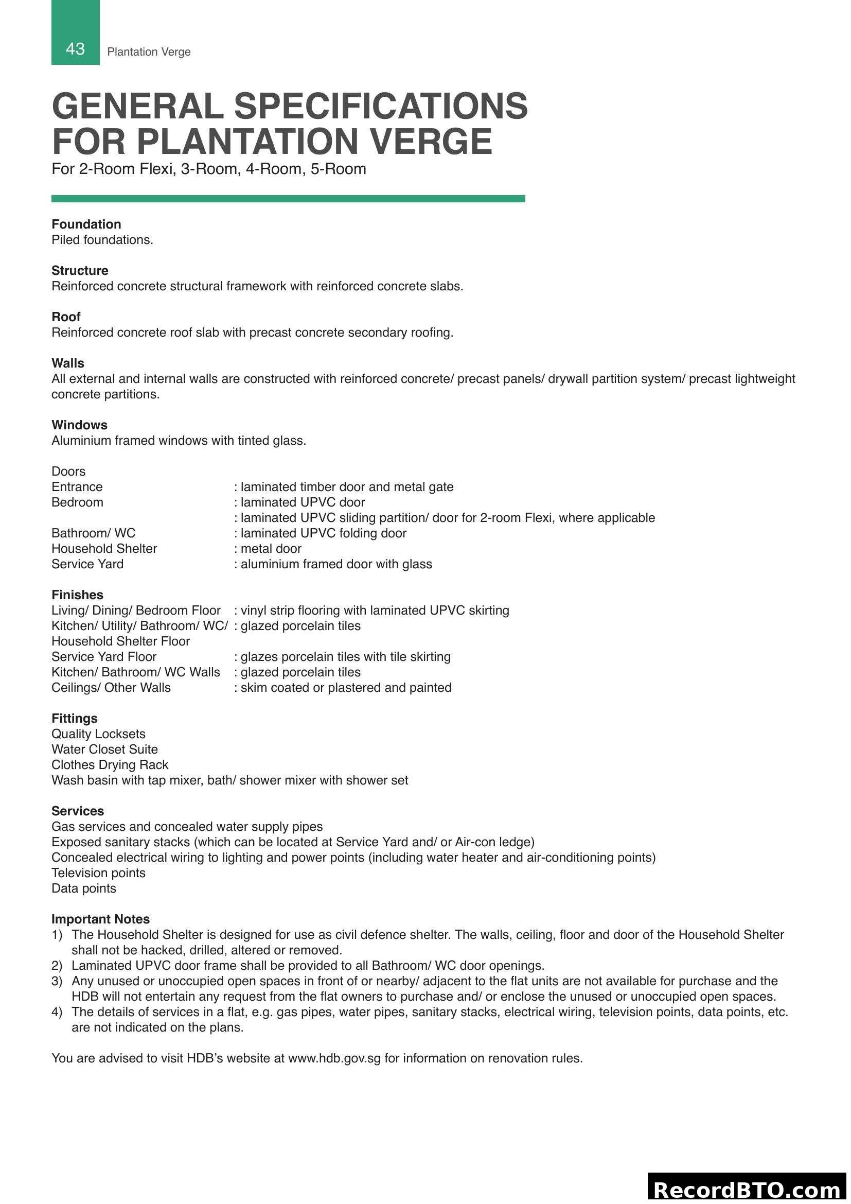 General Specifications for HDB Plantation Verge (2-5 Room)