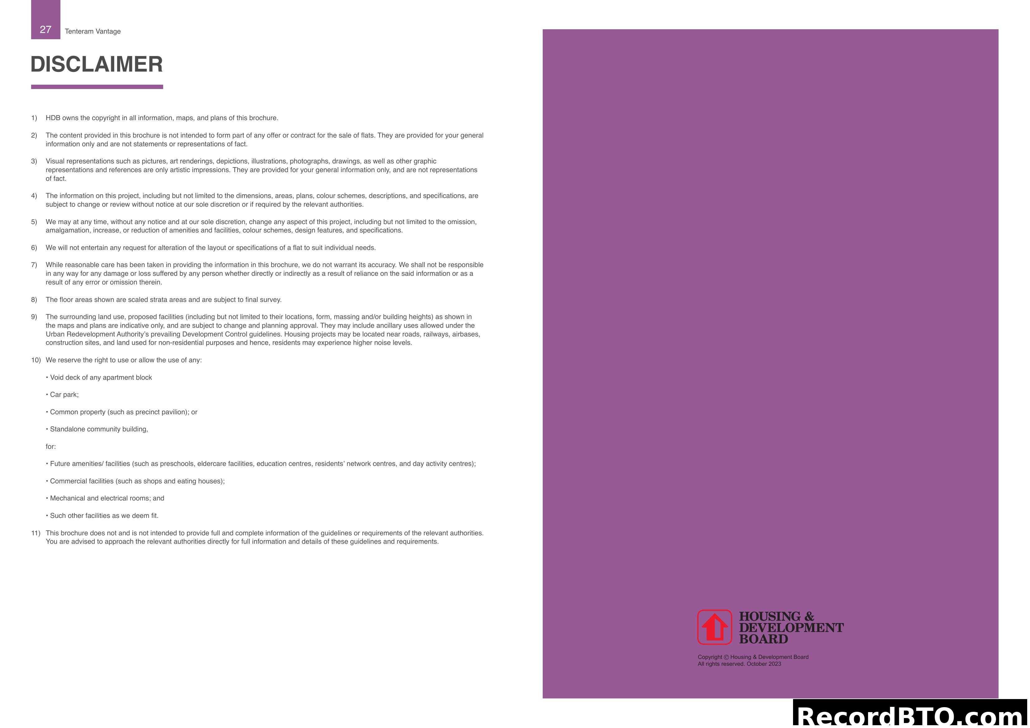 HDB Tenteram Vantage Brochure Disclaimer