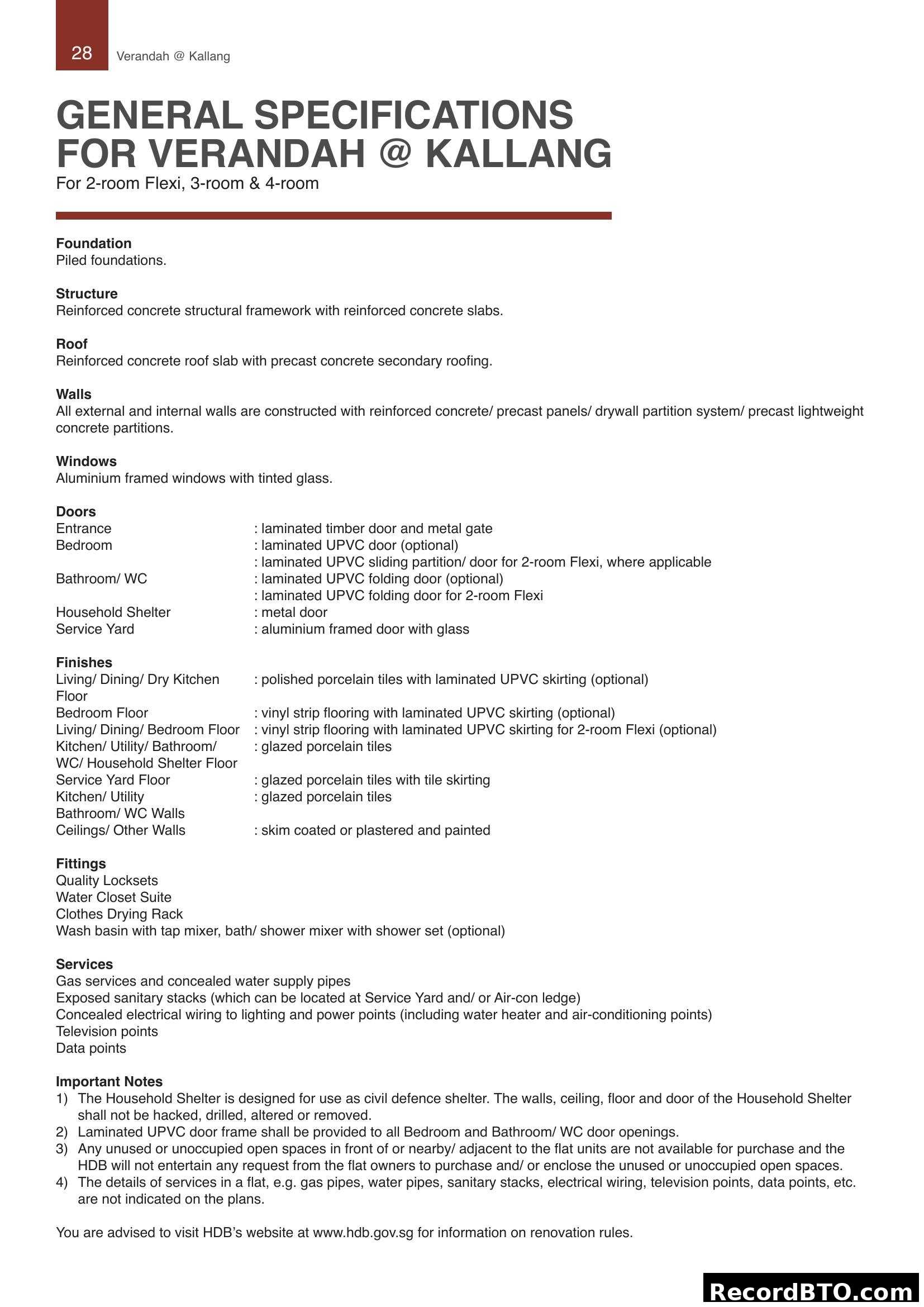 General Specifications for Verandah @ Kallang