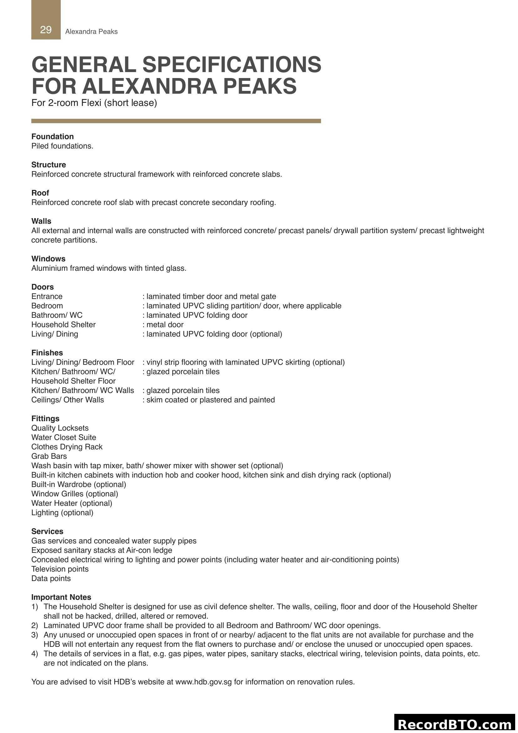 General Specifications for Alexandra Peaks (2-room Flexi)