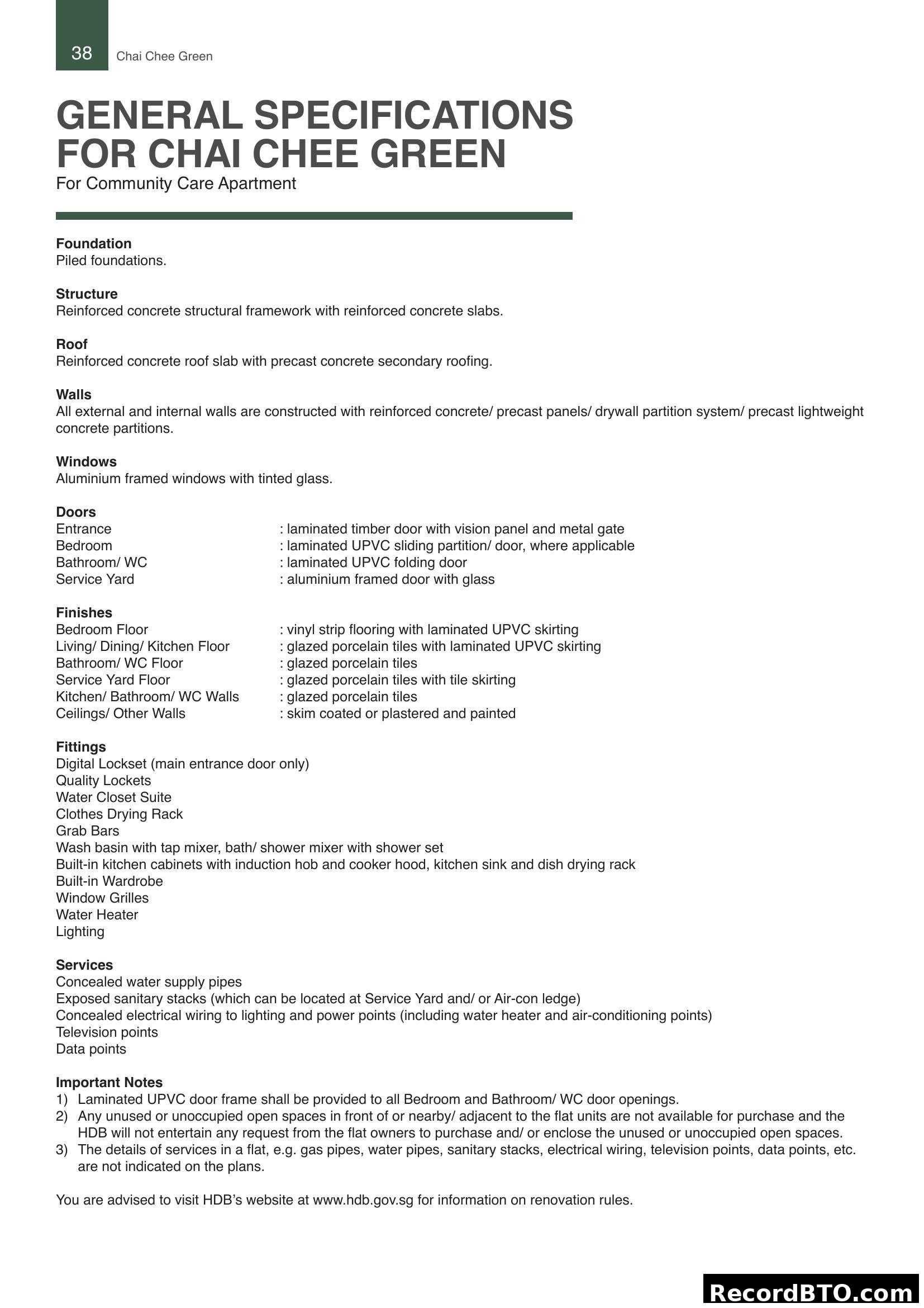 General Specifications for Chai Chee Green