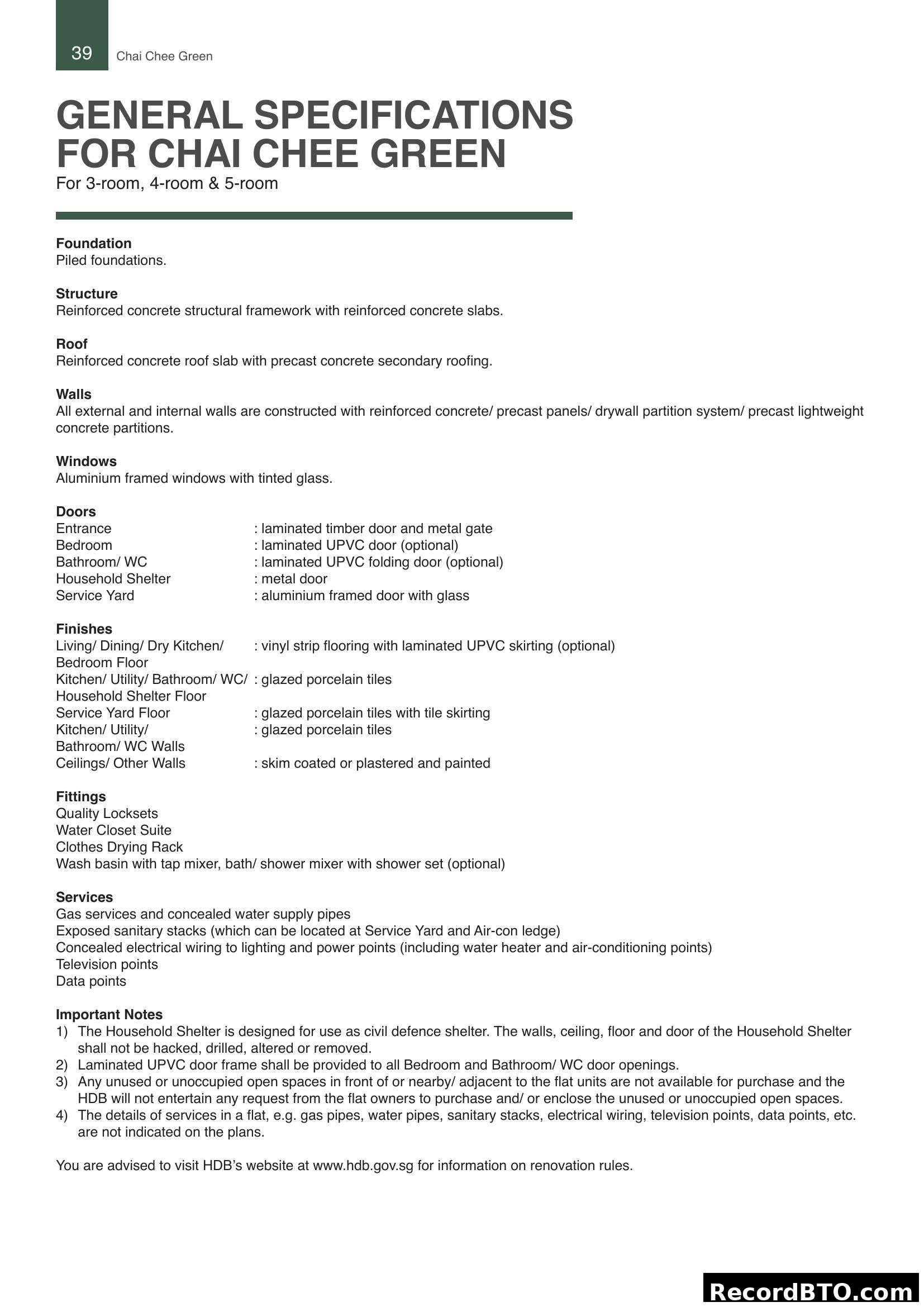 General Specifications for Chai Chee Green HDB BTO