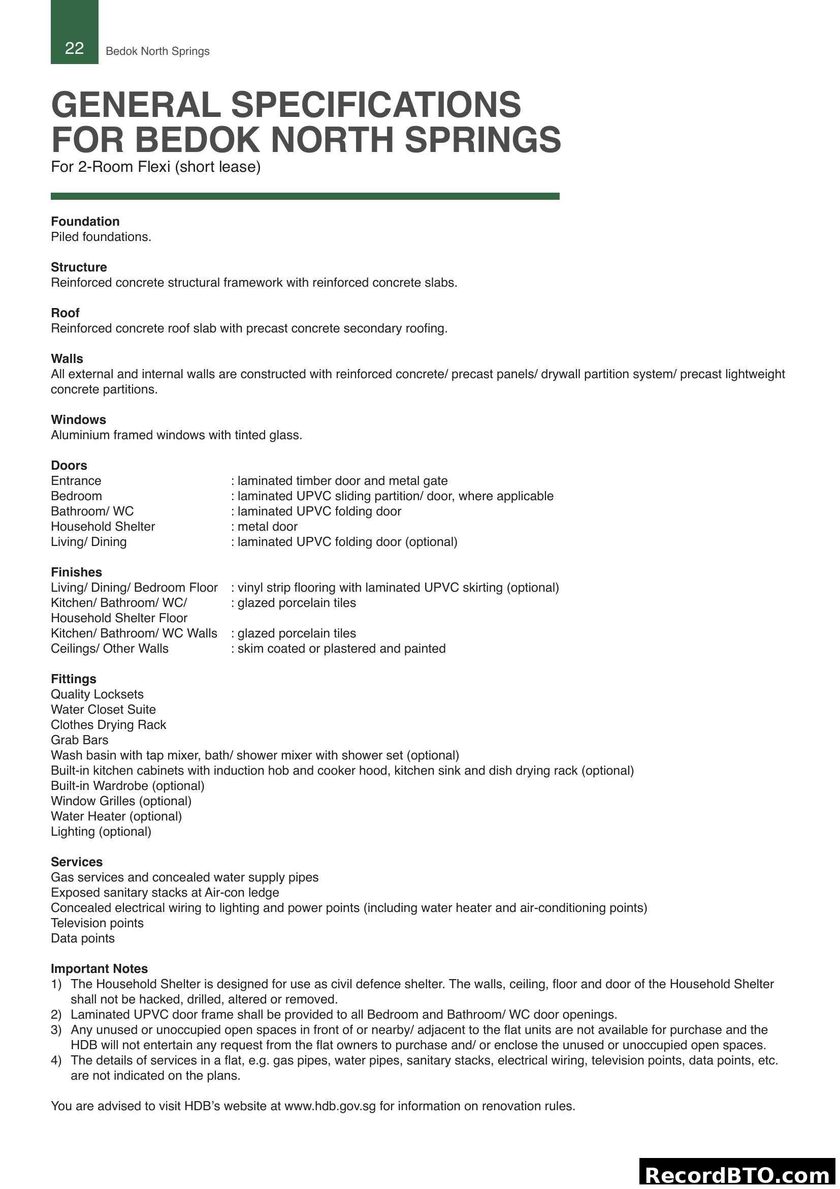 General Specifications for Bedok North Springs (2-Room Flexi)