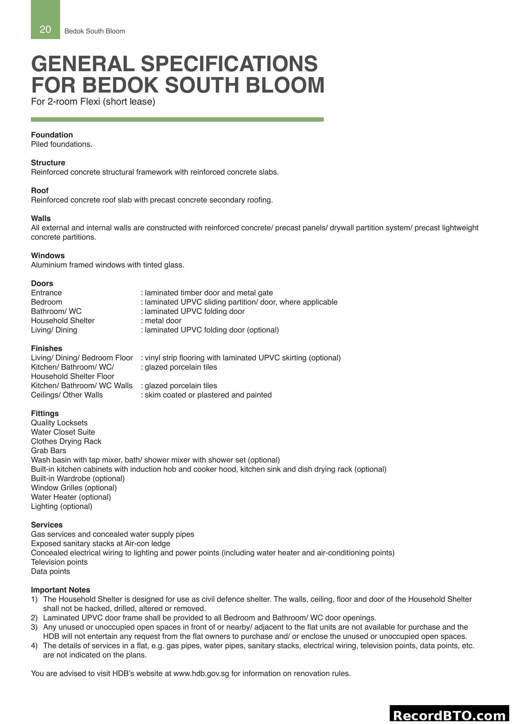 General Specifications for Bedok South Bloom