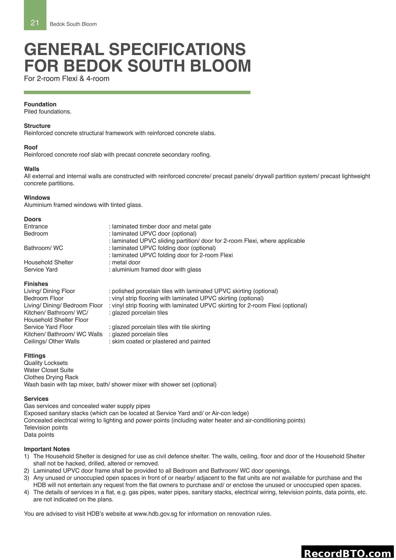 General Specifications for Bedok South Bloom