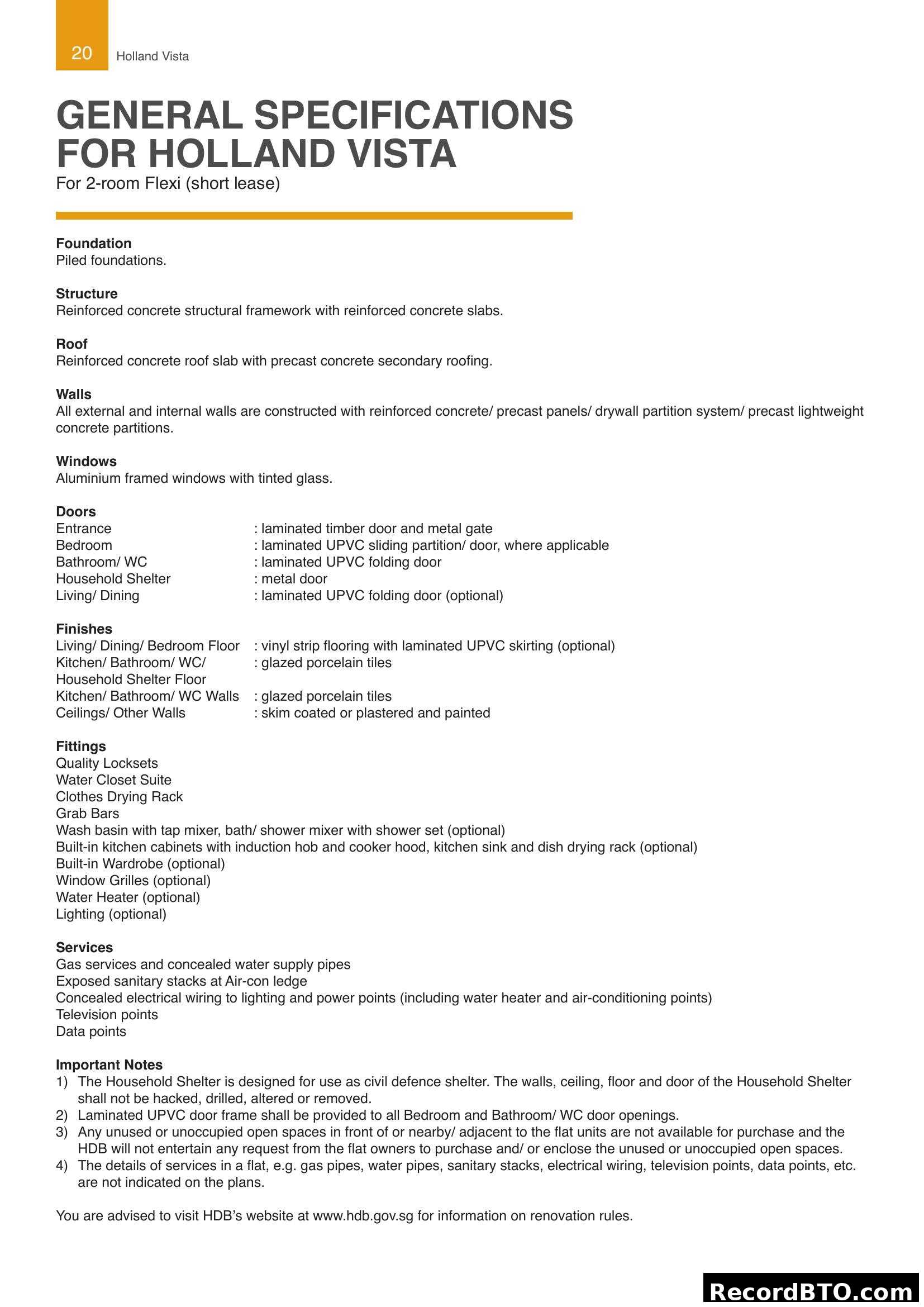 General Specifications for Holland Vista (2-room Flexi)