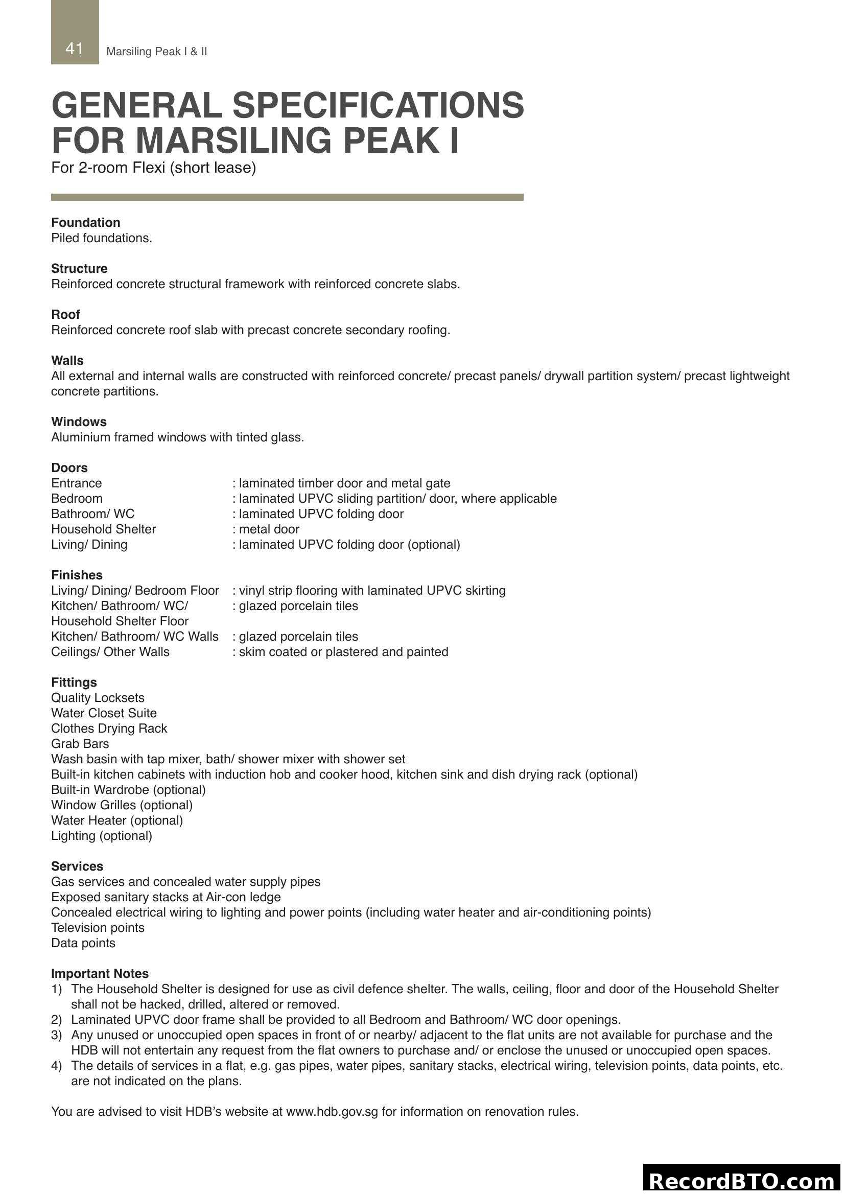 General Specifications for Marsiling Peak I (2-room Flexi)