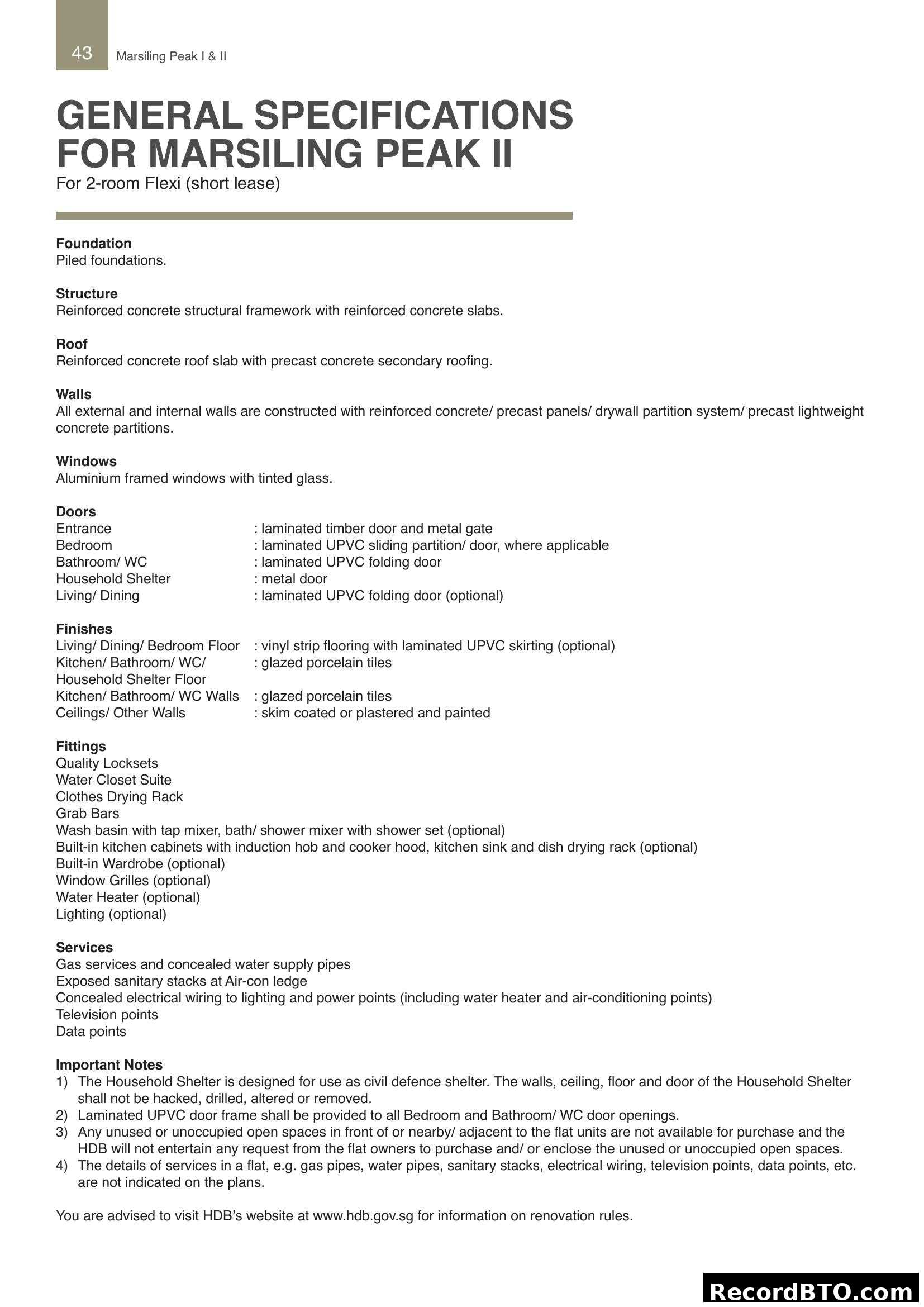 General Specifications for Marsiling Peak II