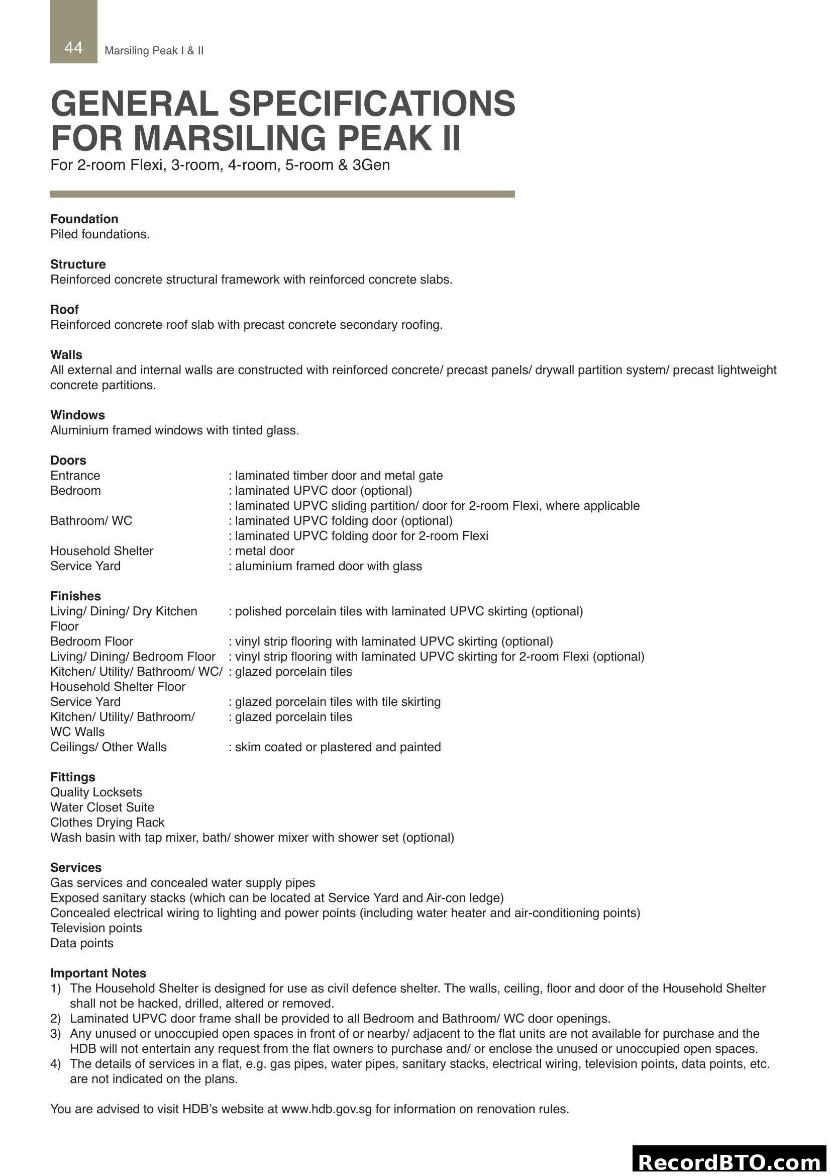 General Specifications for Marsiling Peak II
