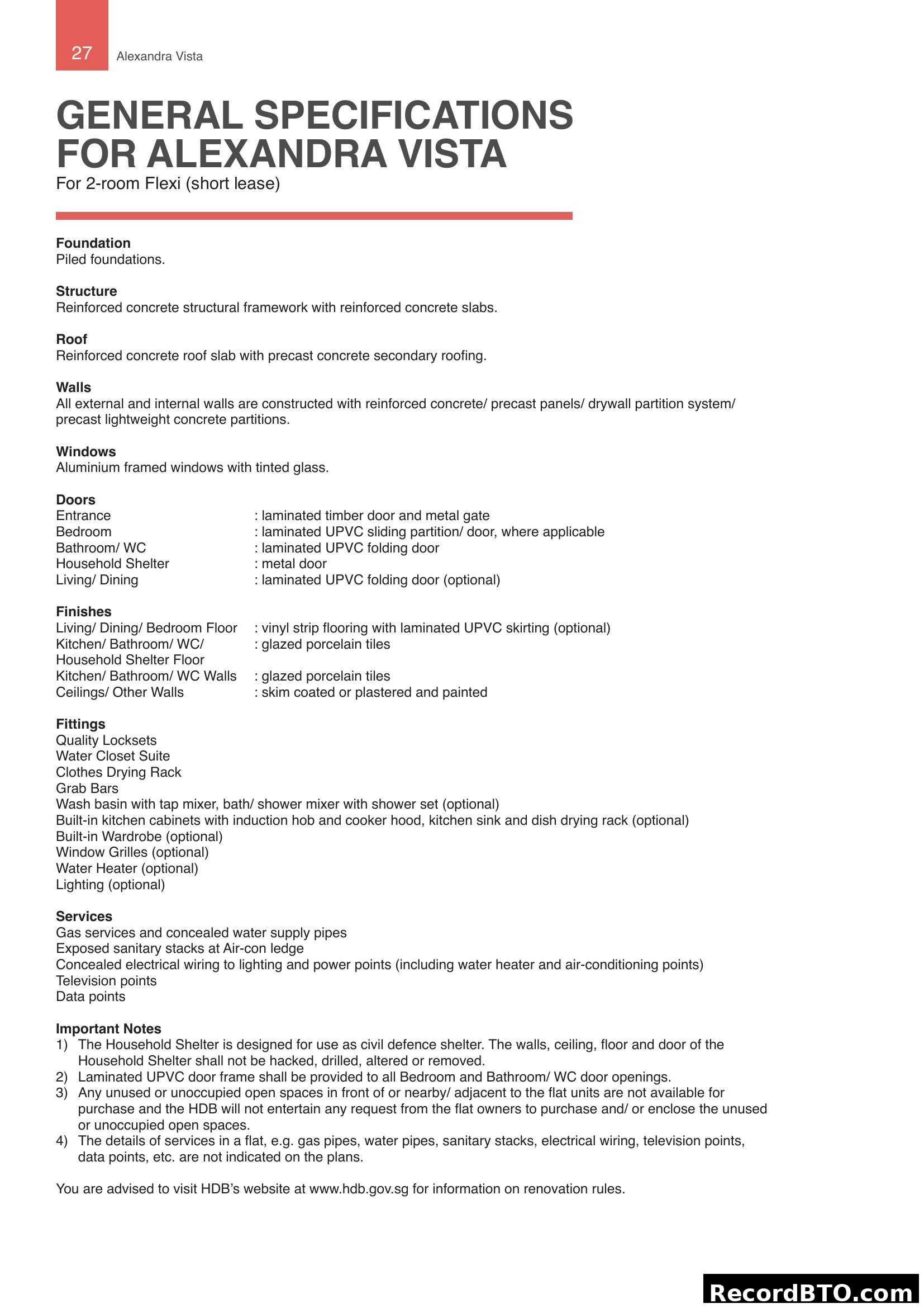 General Specifications for Alexandra Vista