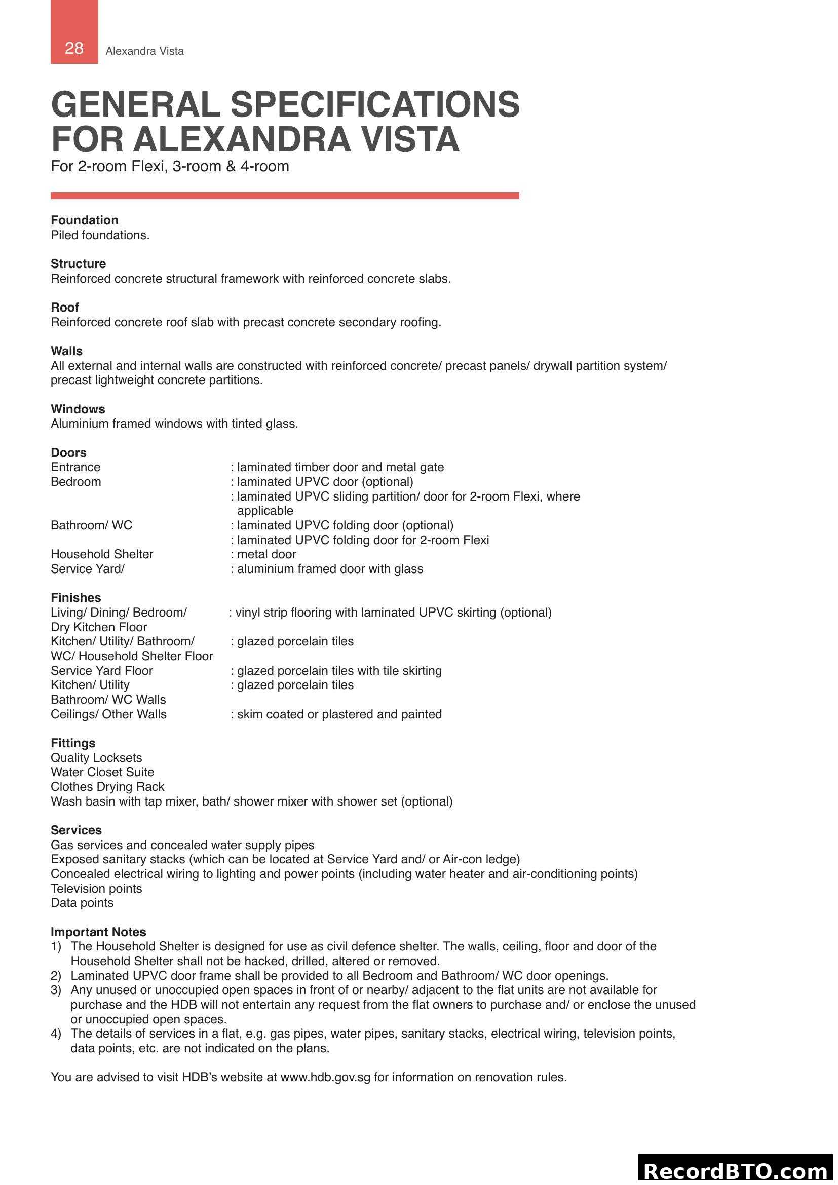 Alexandra Vista General Specifications