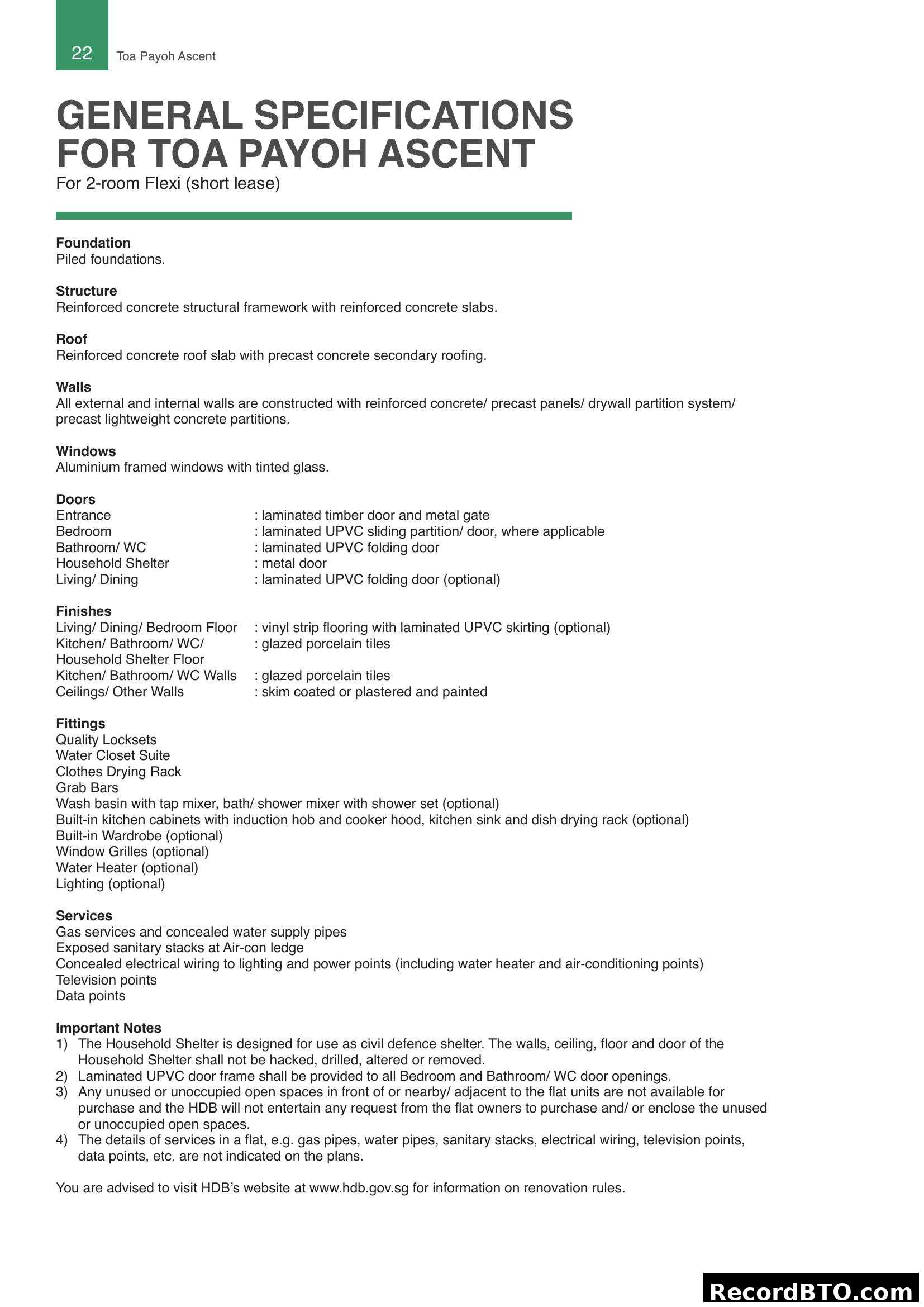 General Specifications for Toa Payoh Ascent (2-room Flexi)