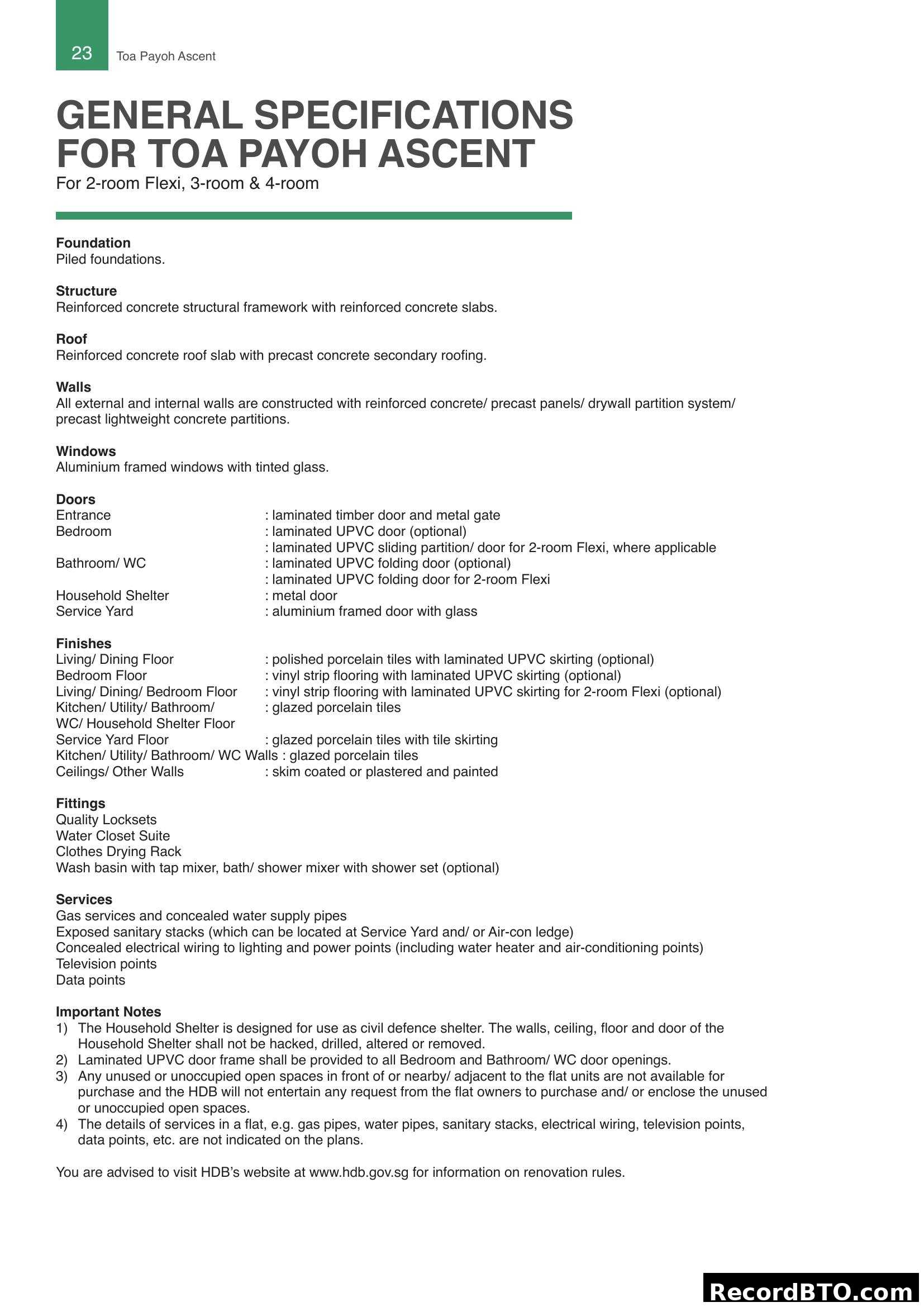 General Specifications for Toa Payoh Ascent