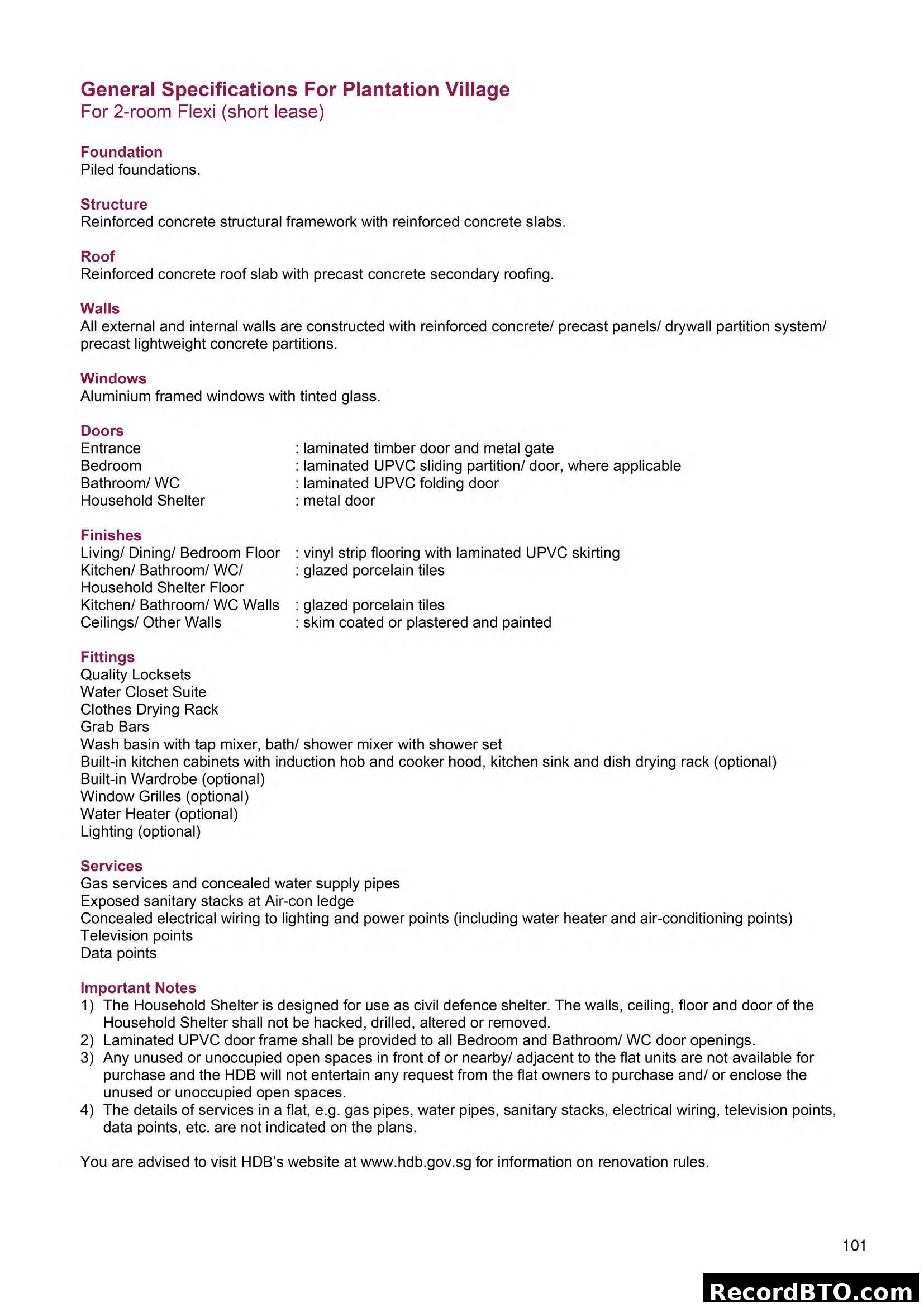 General Specifications: Plantation Village 2-room Flexi