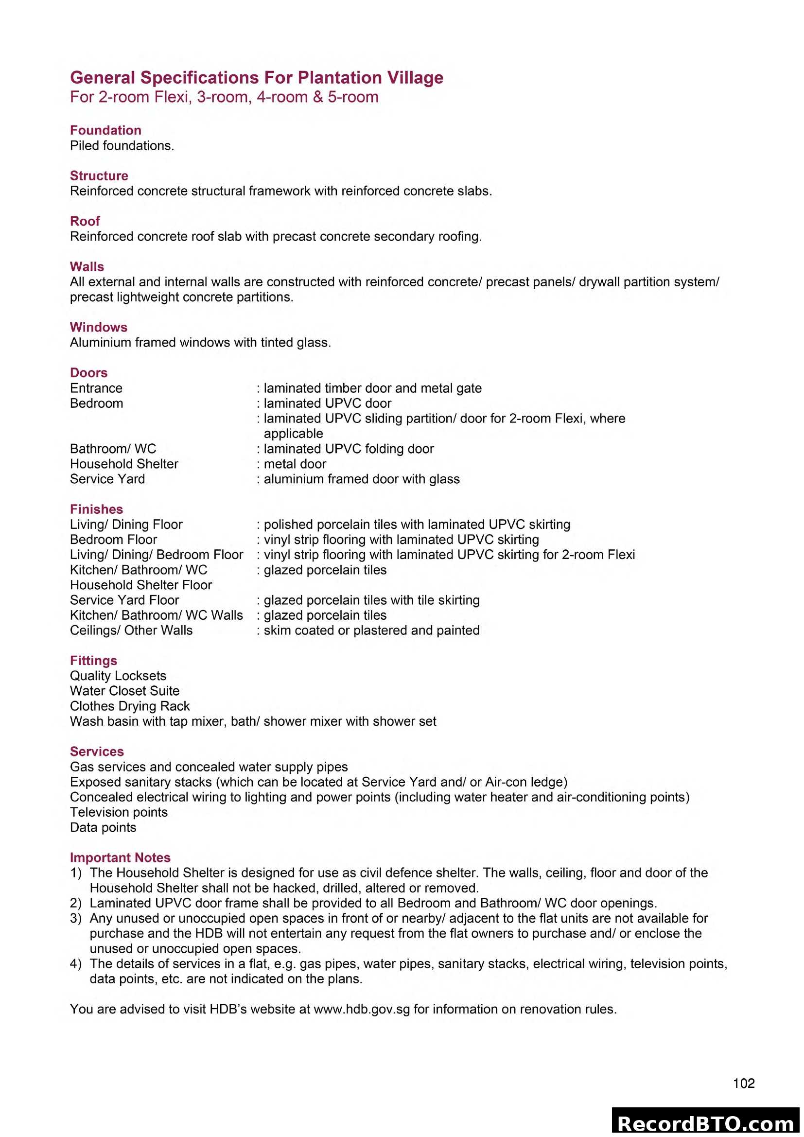General Specifications - Plantation Village