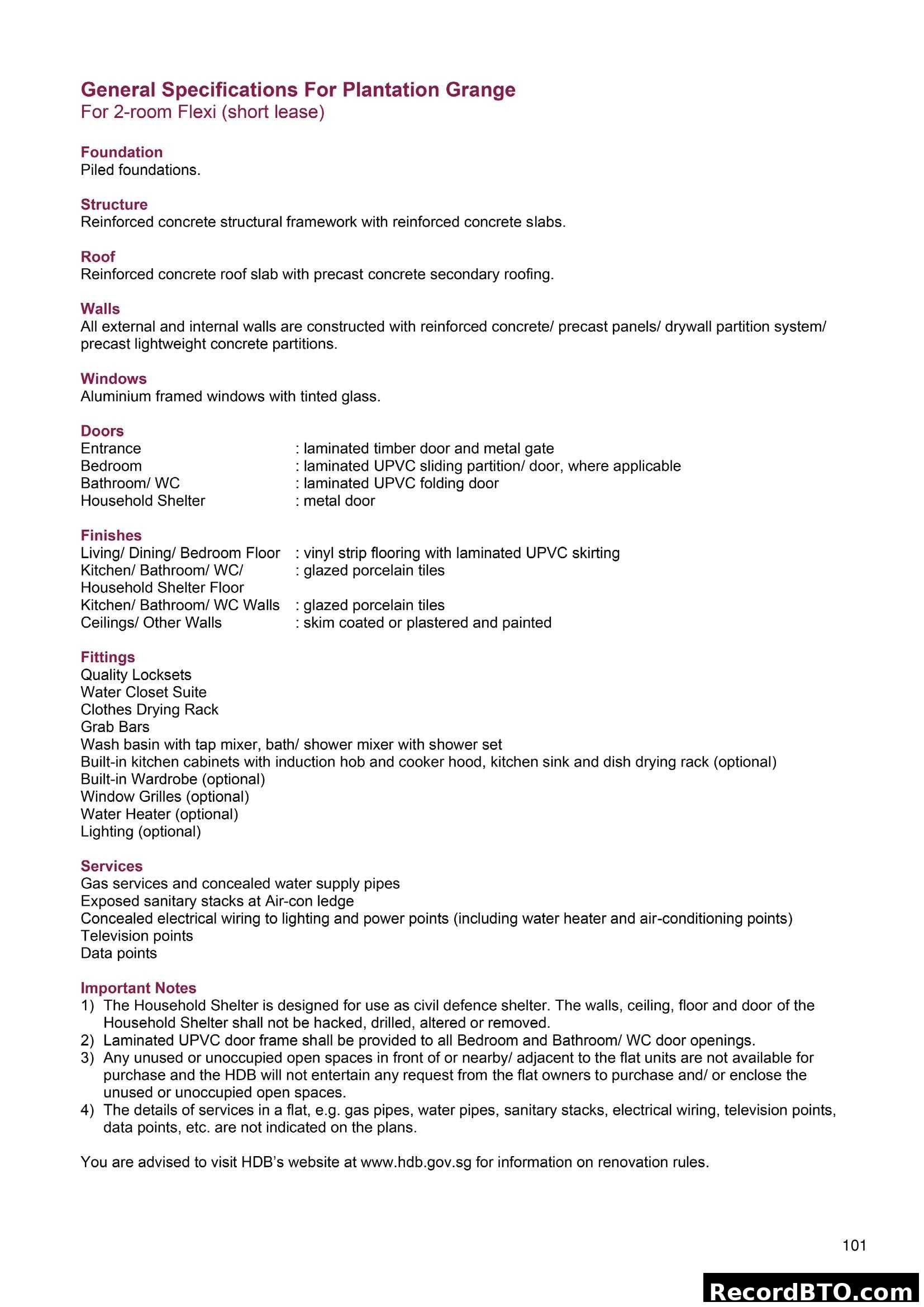General Specifications for Plantation Grange