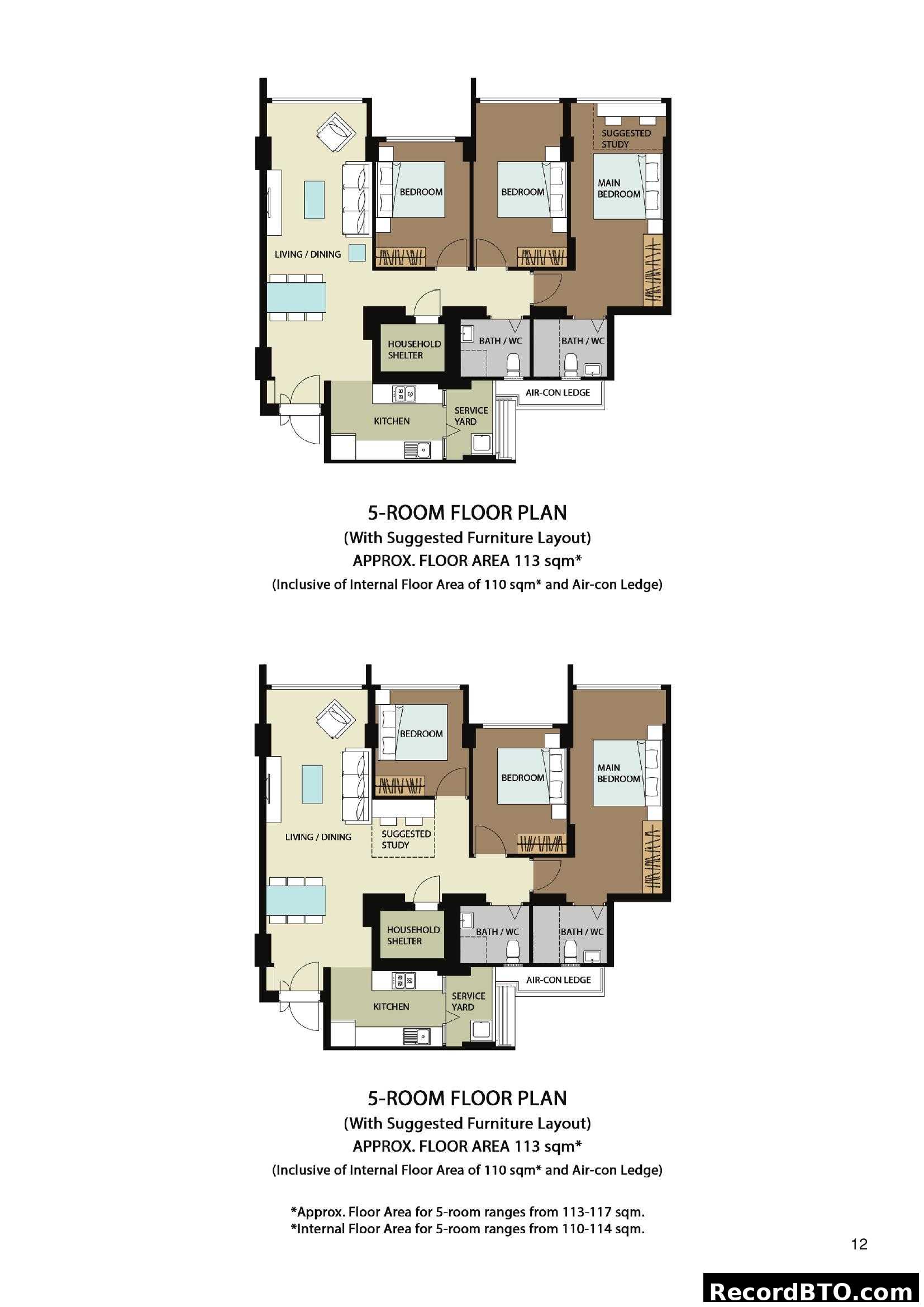 5-Room Floor Plan with Suggested Furniture Layout
