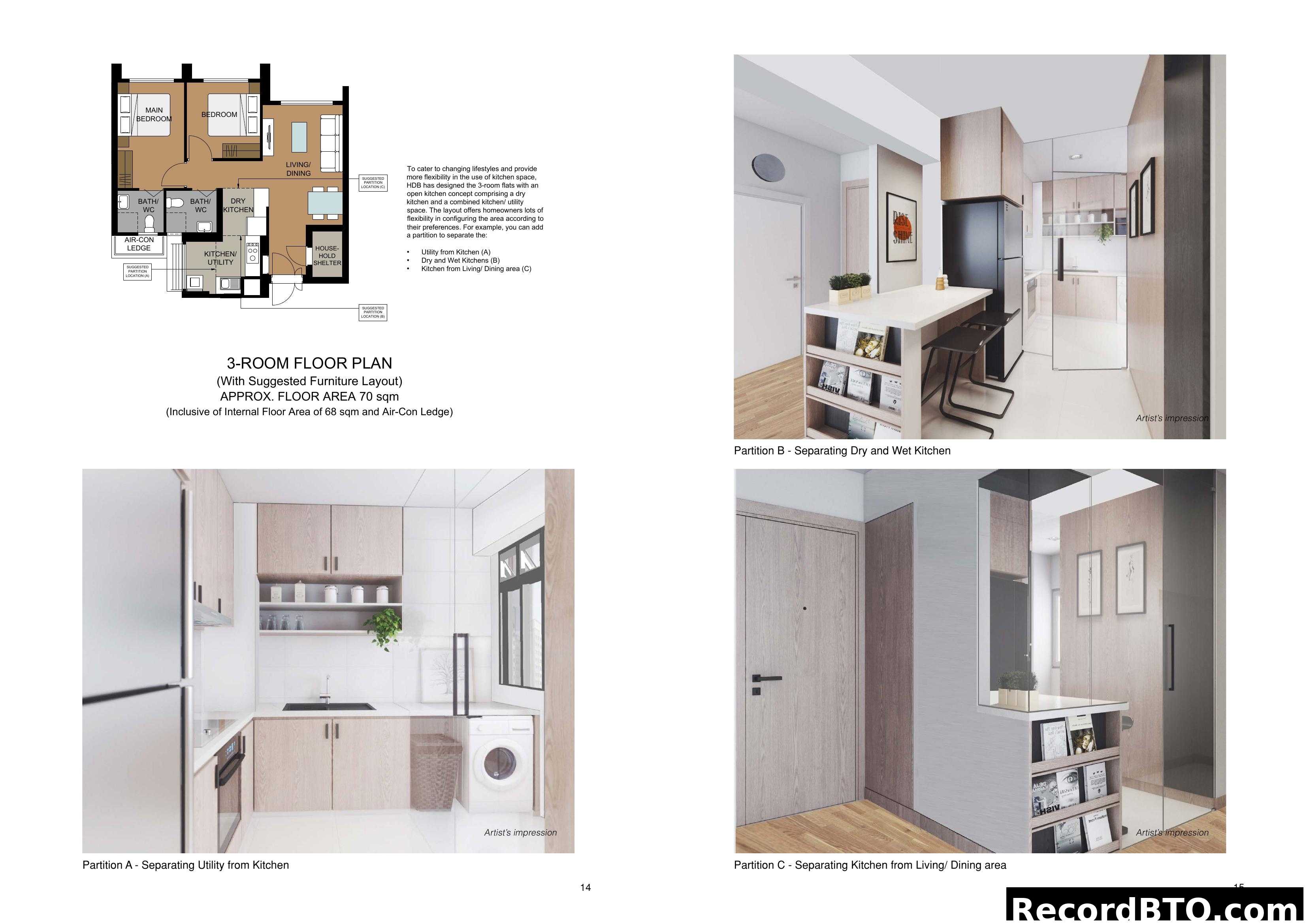HDB 3-Room Floor Plan with Flexible Kitchen Options
