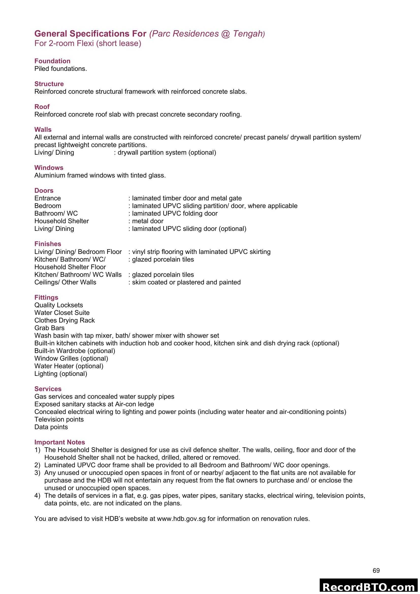 General Specifications - Parc Residences Tengah (2-room Flexi)