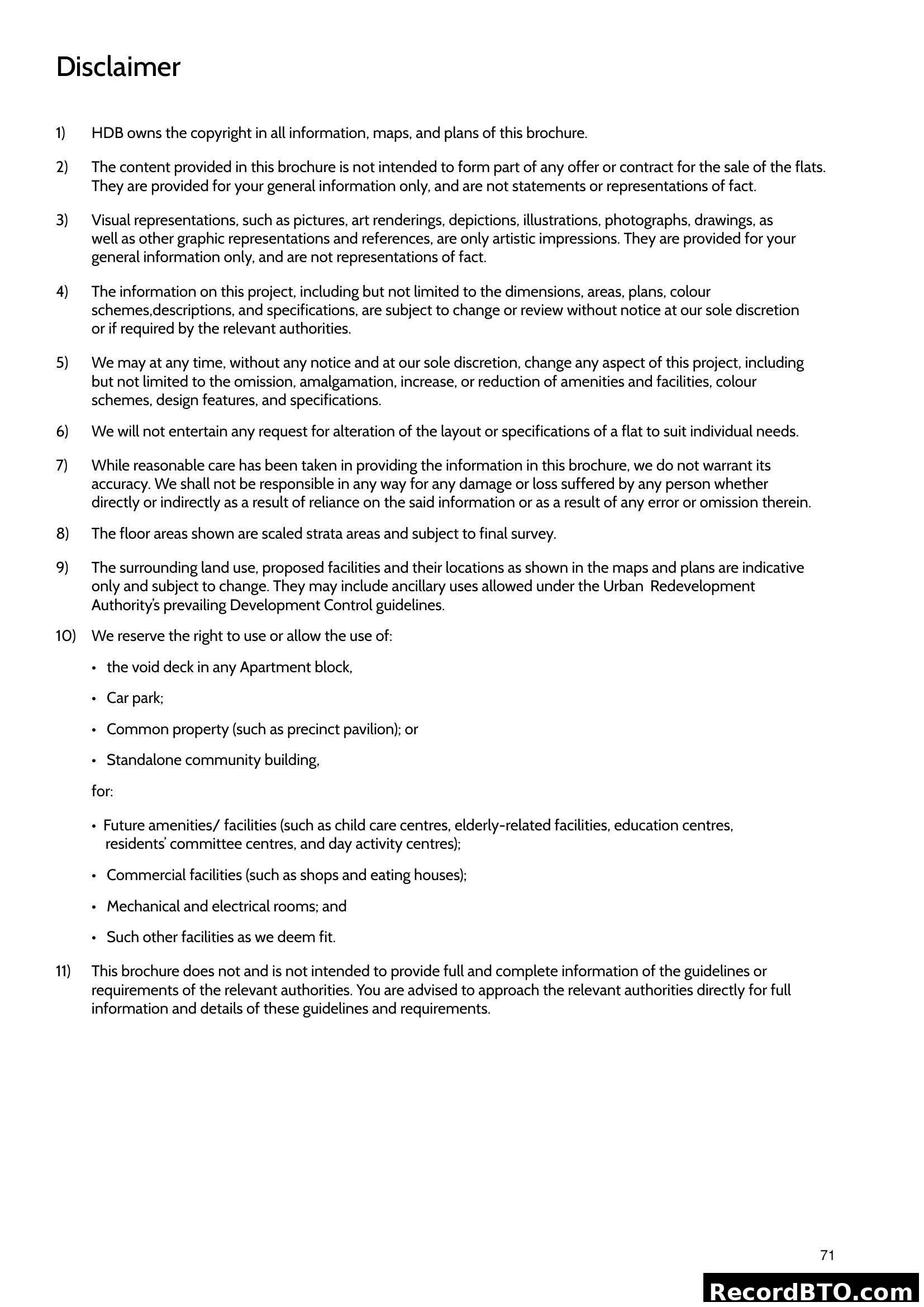 Disclaimer page from HDB BTO brochure