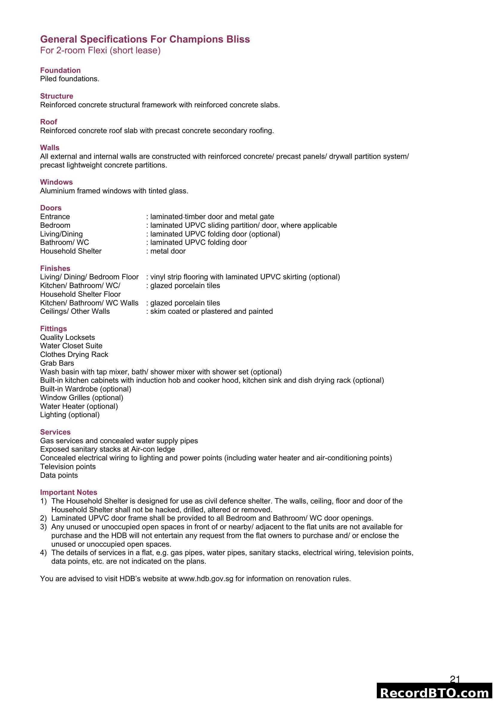 General Specifications for Champions Bliss 2-room Flexi