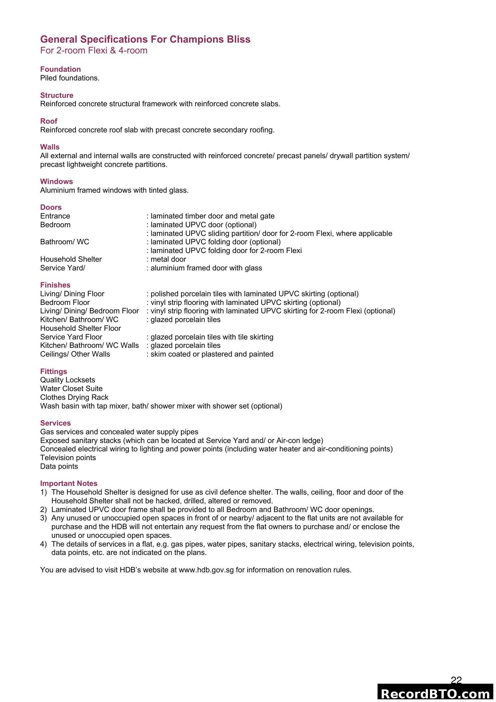 Champions Bliss General Specifications