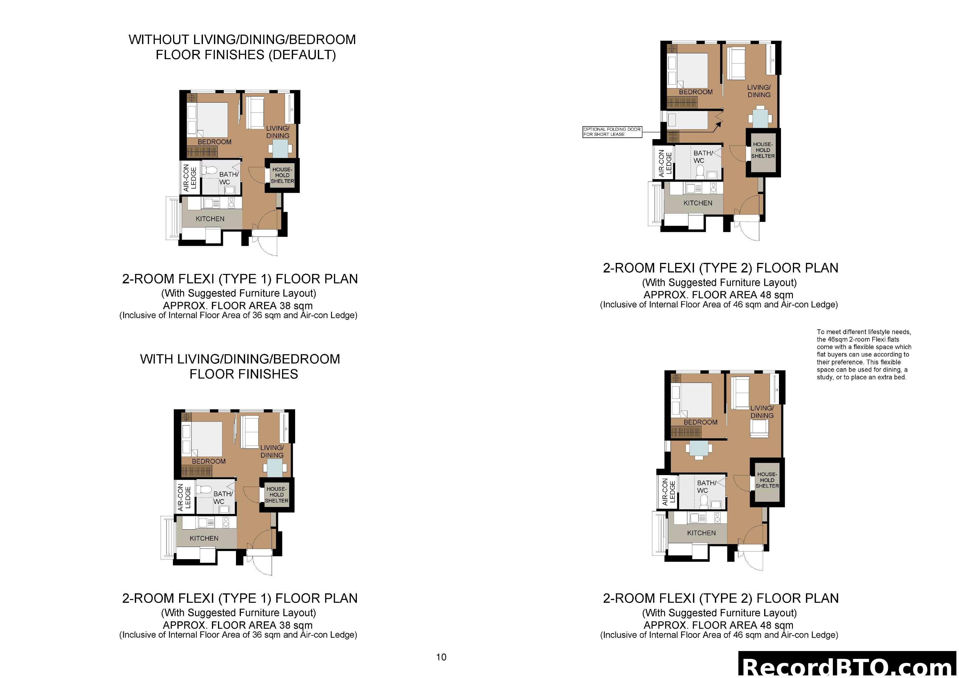 2-Room Flexi (Type 1 & 2) Floor Plans with Finishes & Furniture