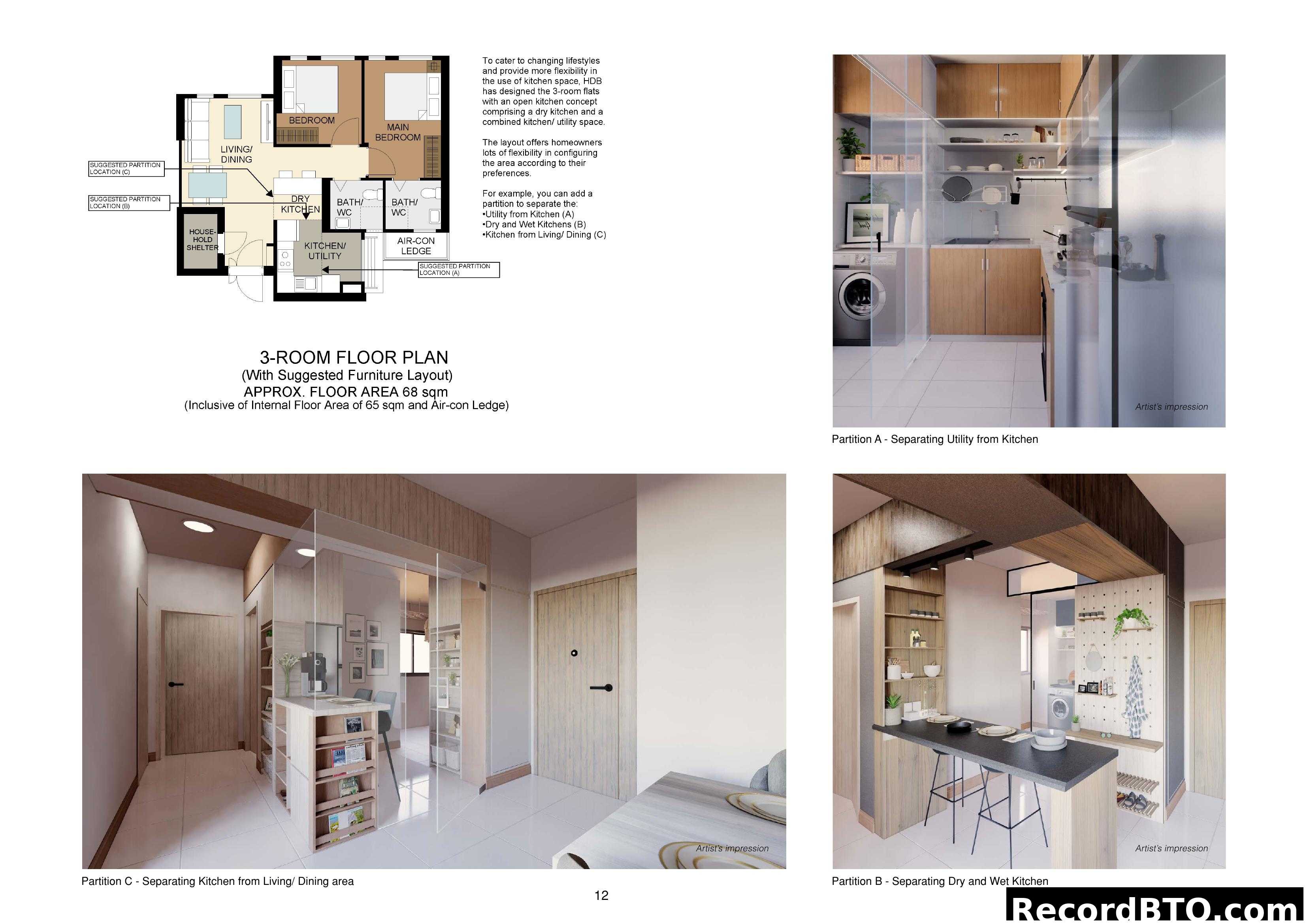 3-Room Flat Floor Plan with Kitchen Flexibility Options