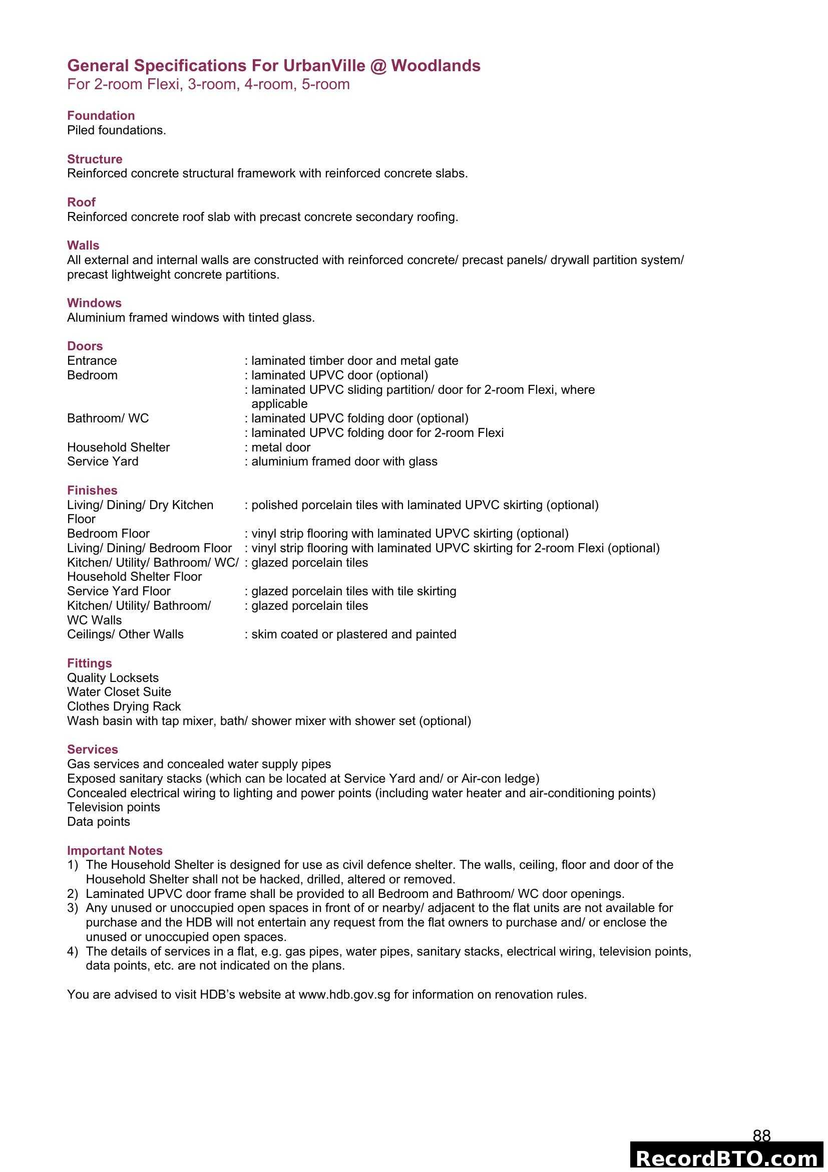 General Specifications For UrbanVille @ Woodlands