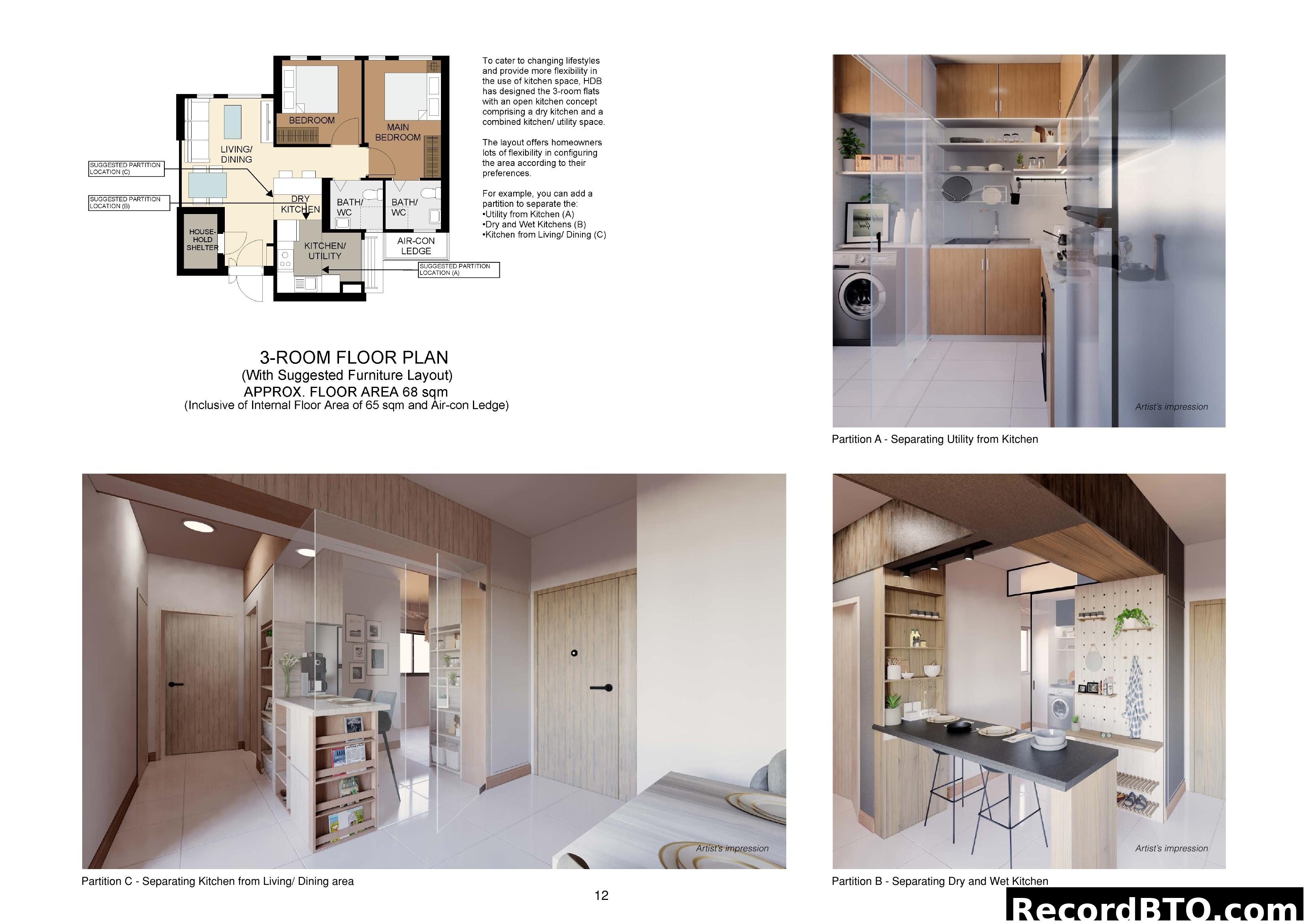 3-Room Flat Floor Plan with Kitchen Flexibility Options