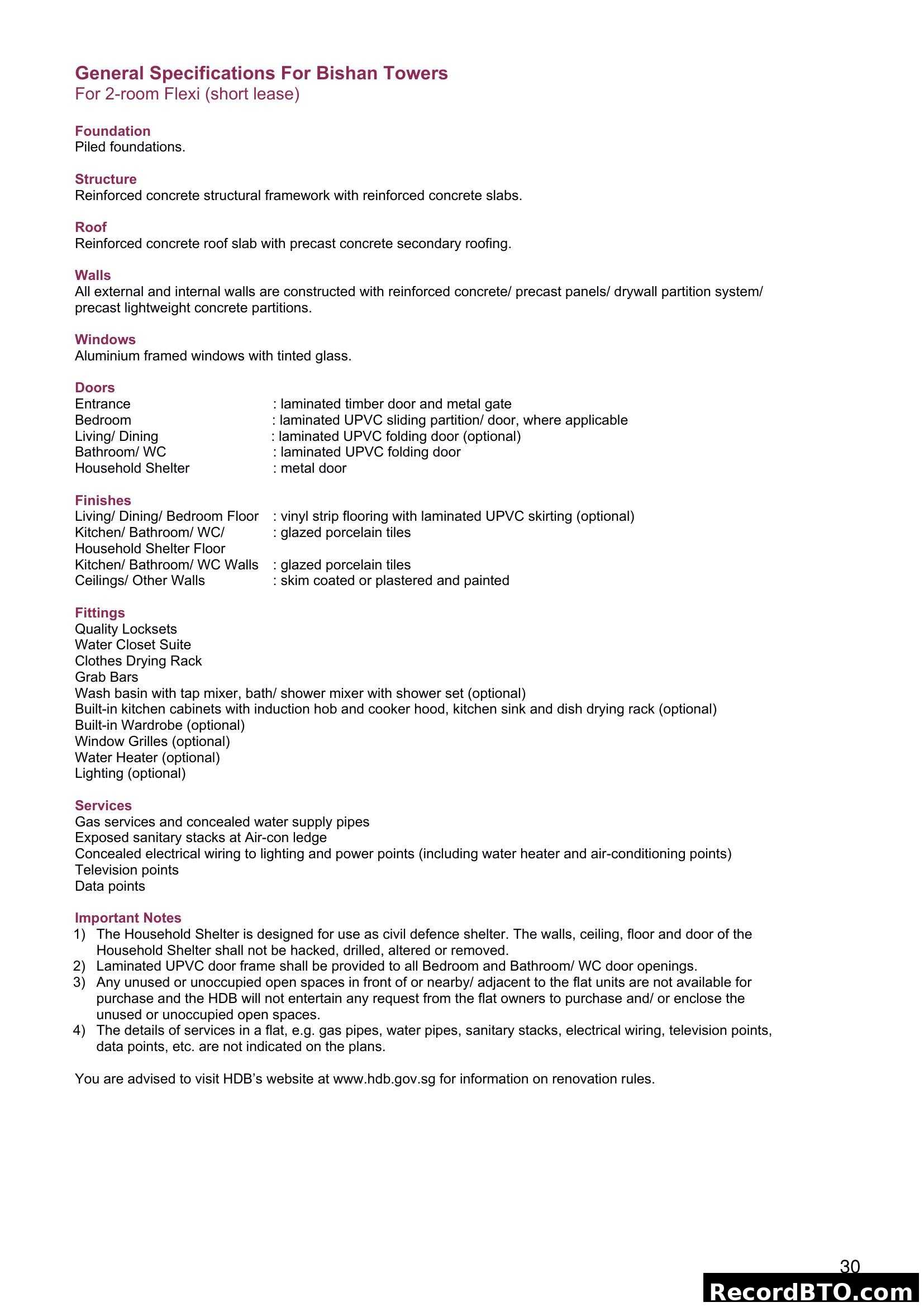 General Specifications for Bishan Towers