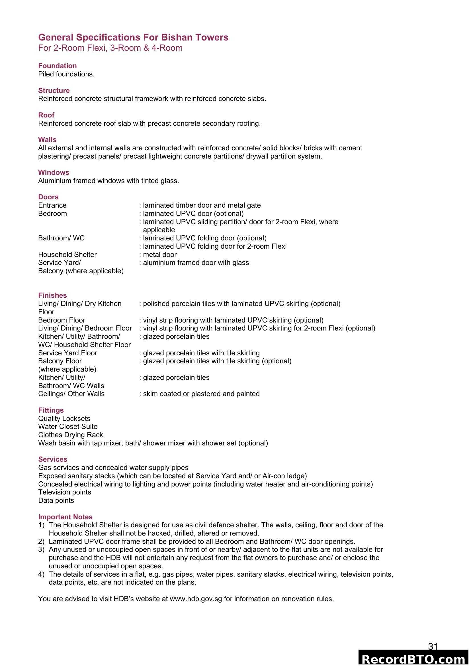 General Specifications For Bishan Towers