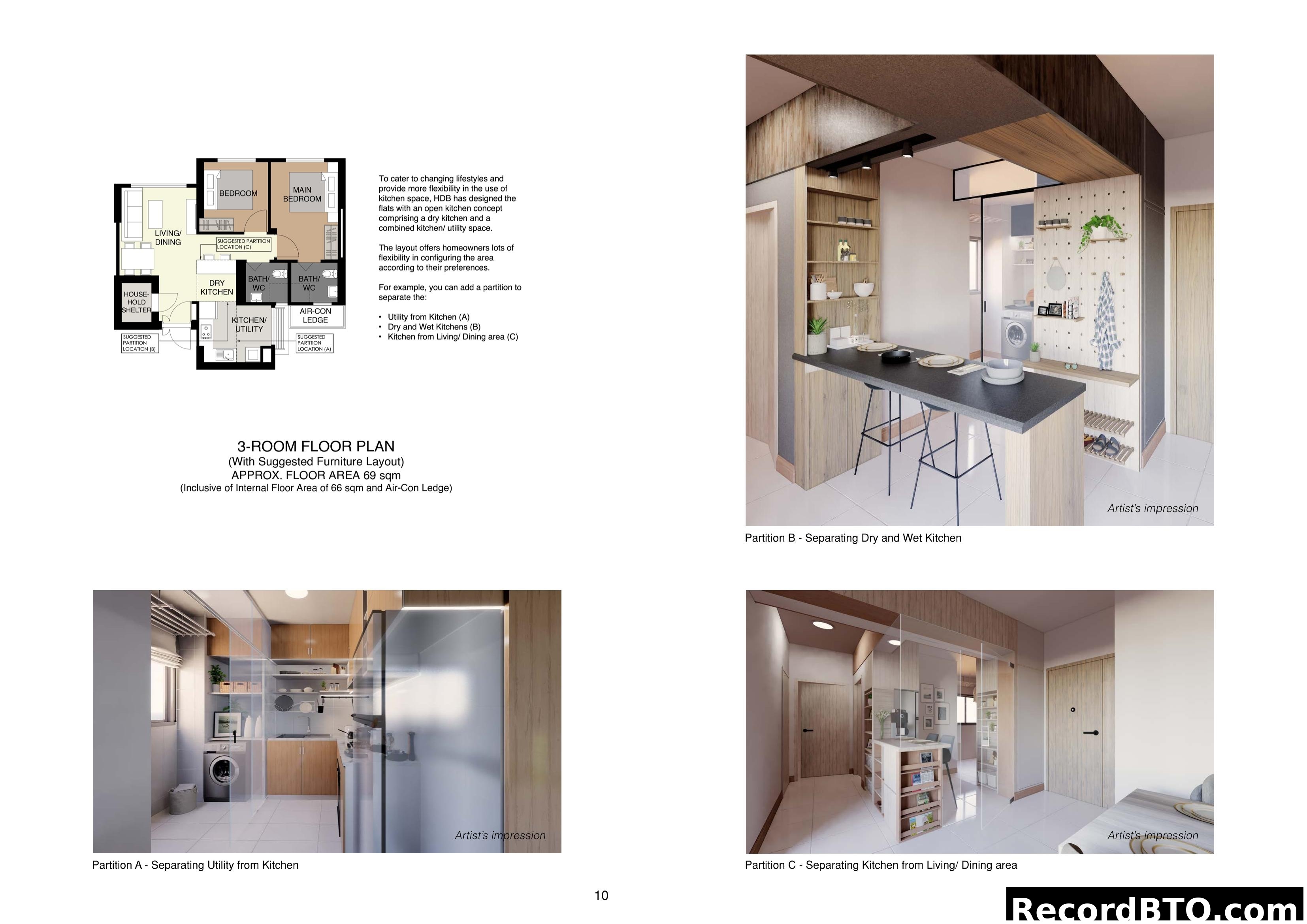 3-Room Floor Plan and Flexible Kitchen Design Options