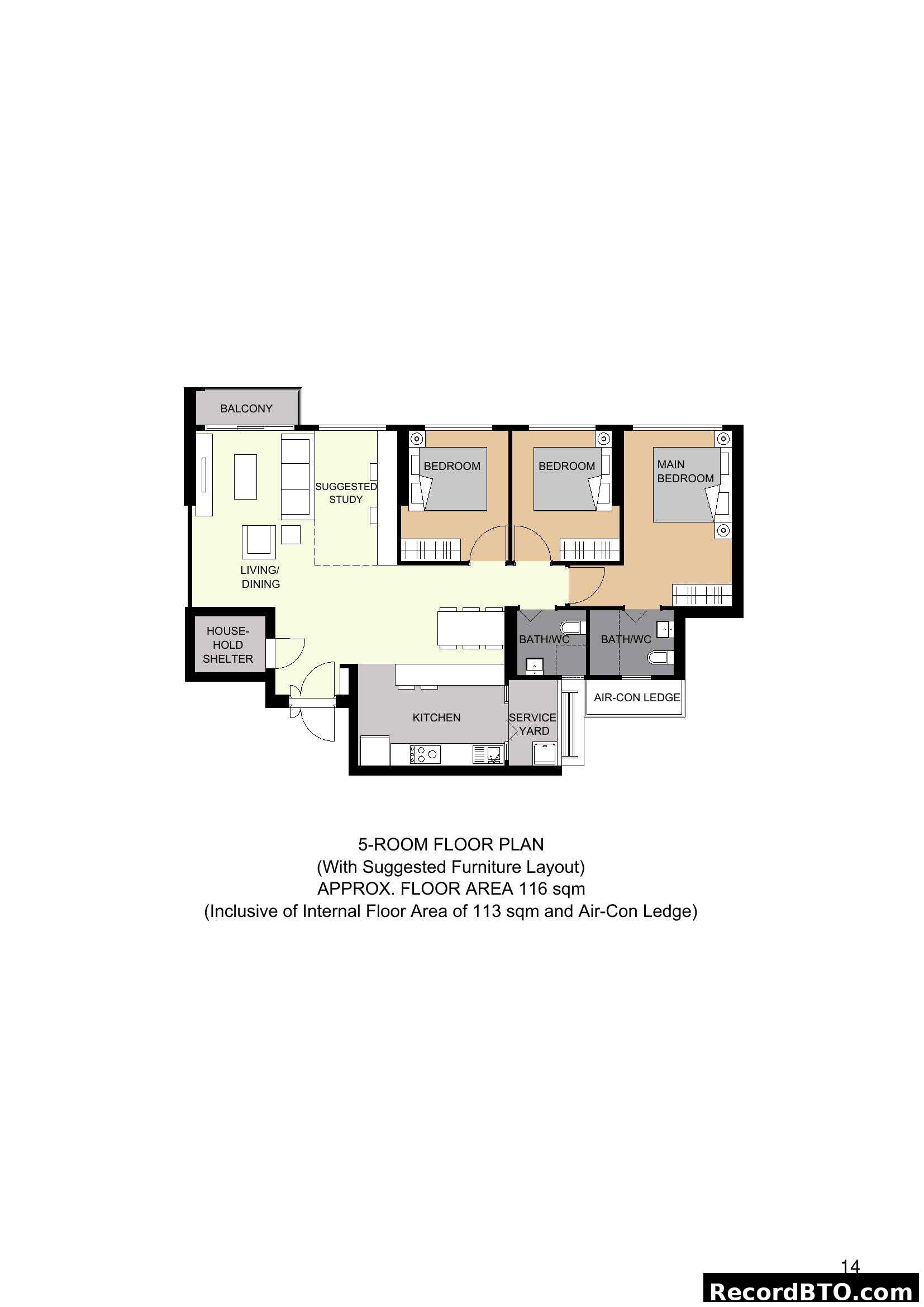 5-Room Floor Plan with Suggested Furniture Layout
