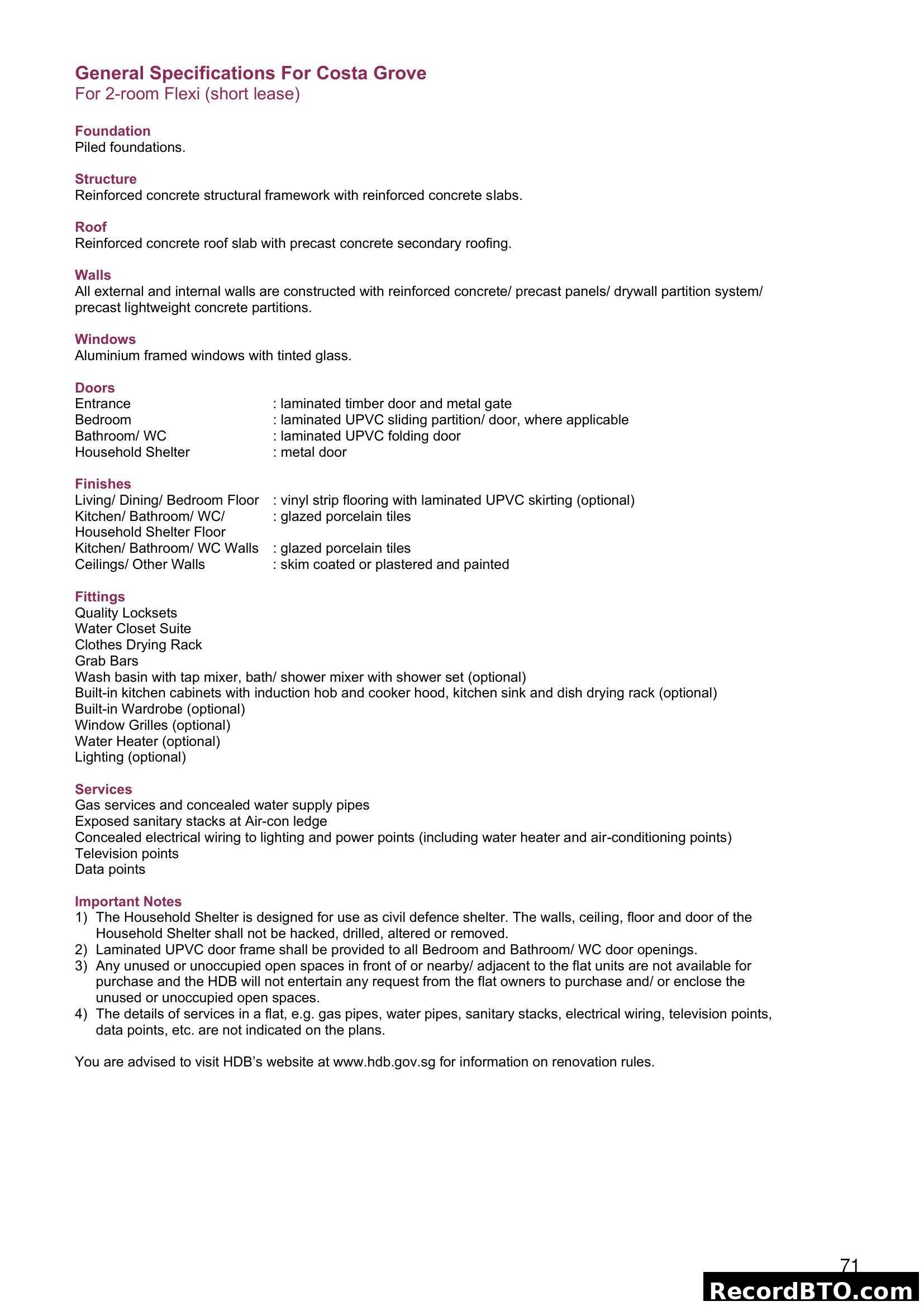 General Specifications For Costa Grove (2-room Flexi)