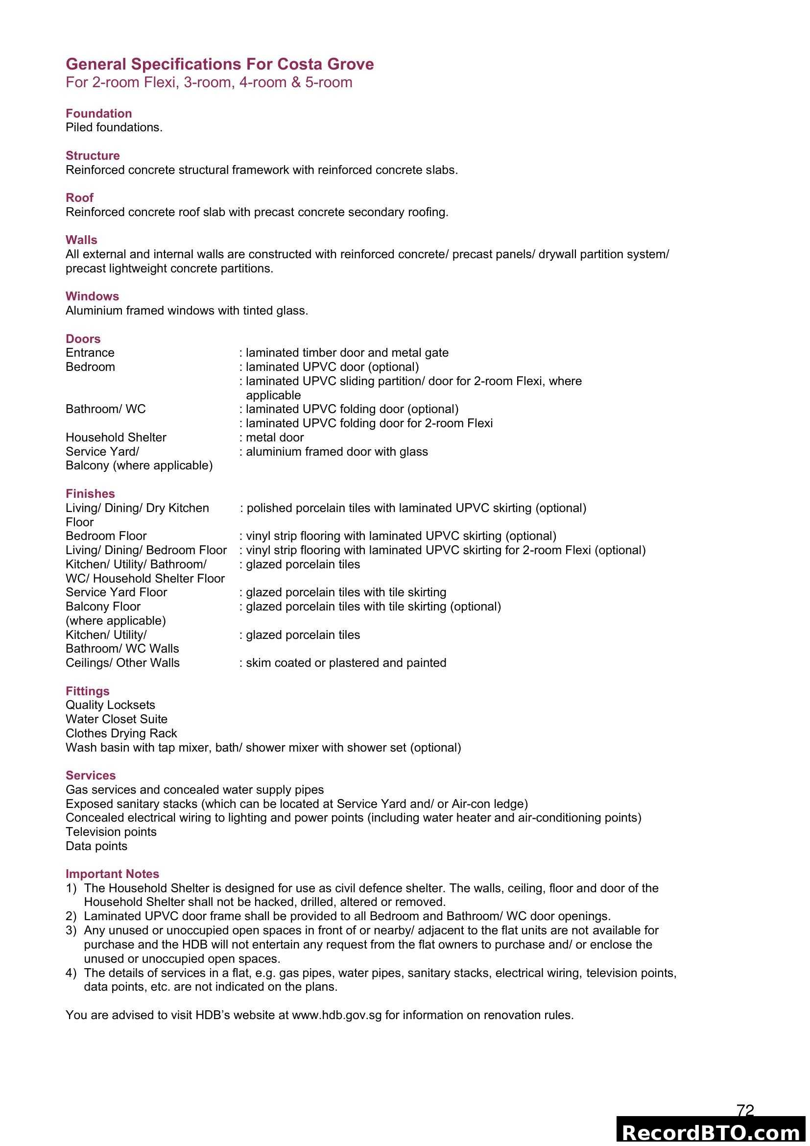 General Specifications for Costa Grove