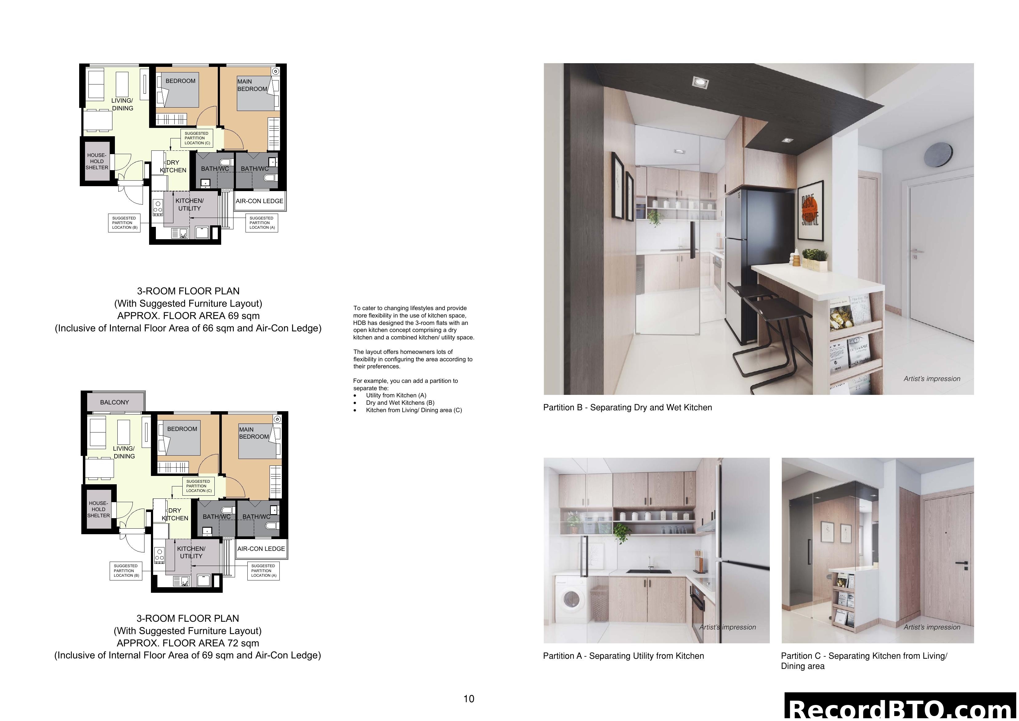 3-Room Floor Plans with Flexible Kitchen Options