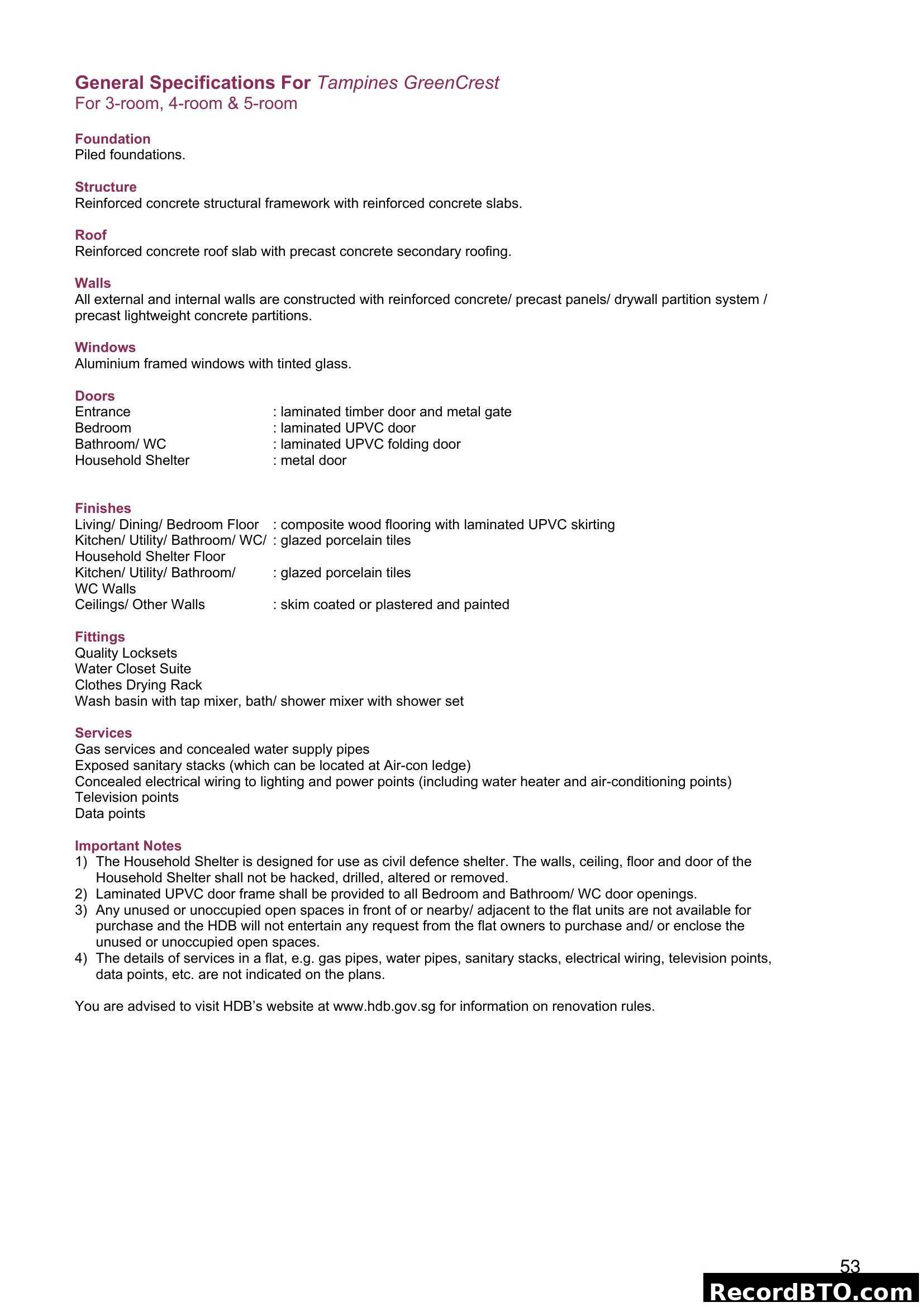 General Specifications For Tampines GreenCrest