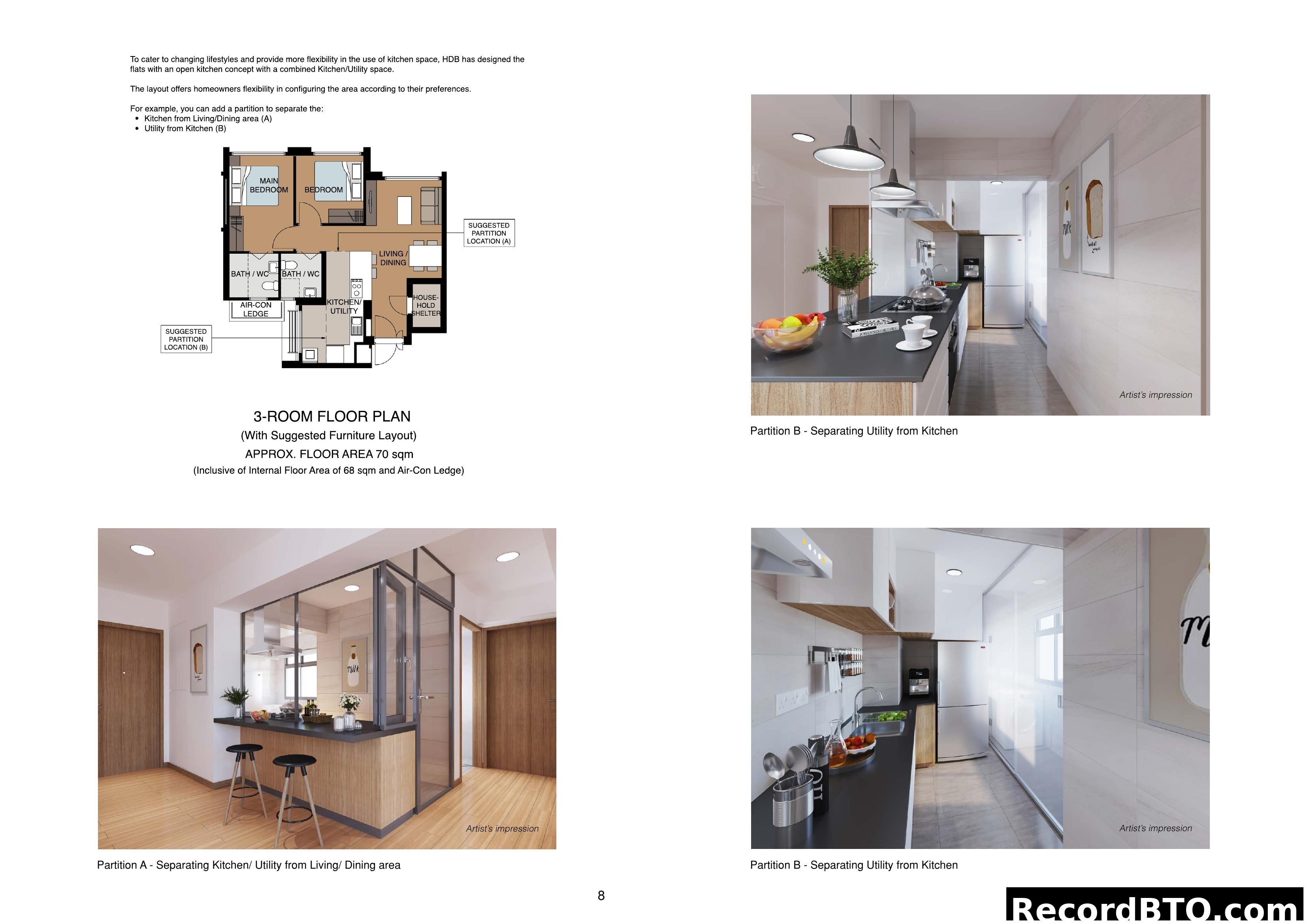 3-Room Floor Plan with Flexible Kitchen Layout