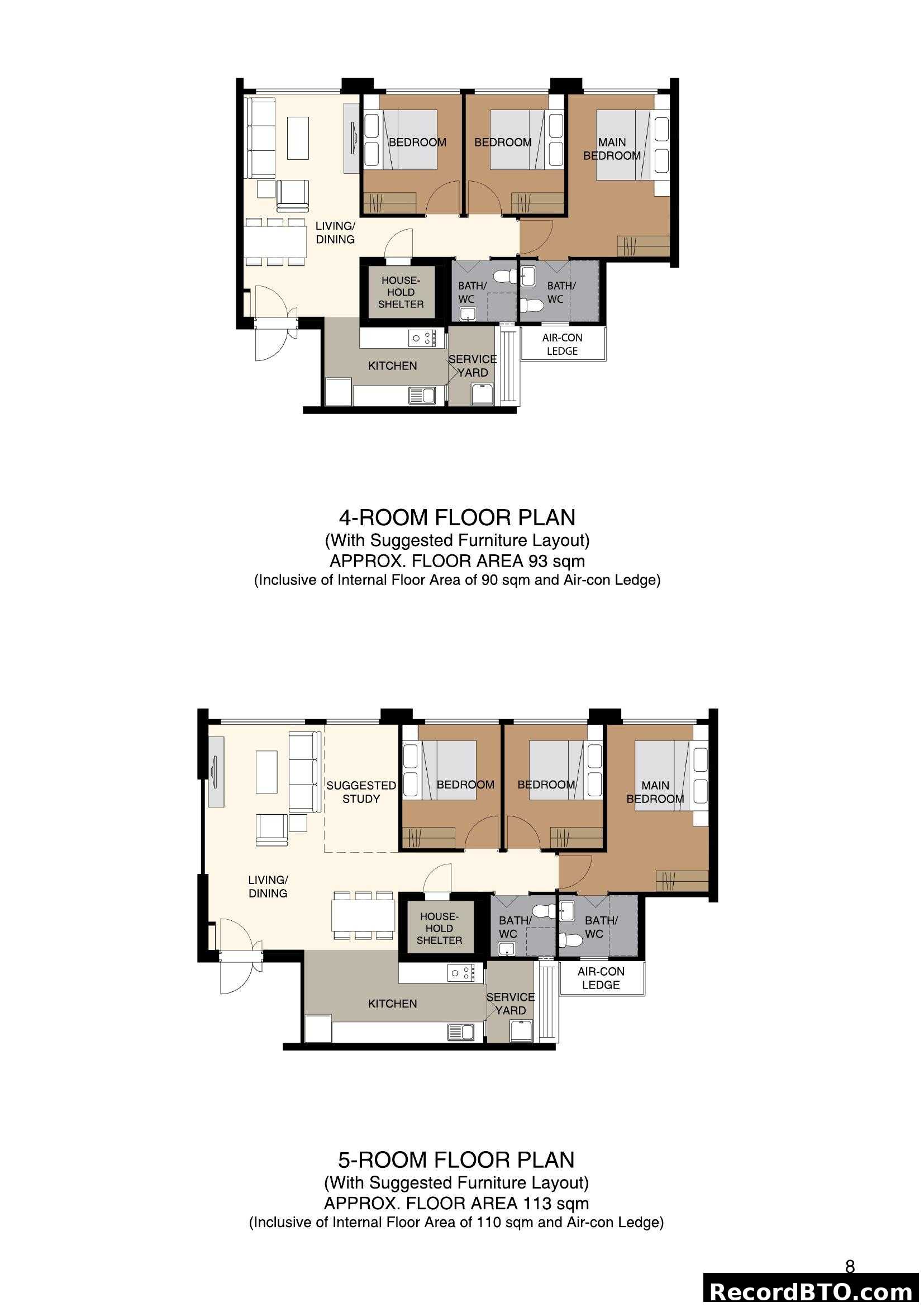 4-Room and 5-Room Floor Plans with Suggested Layouts