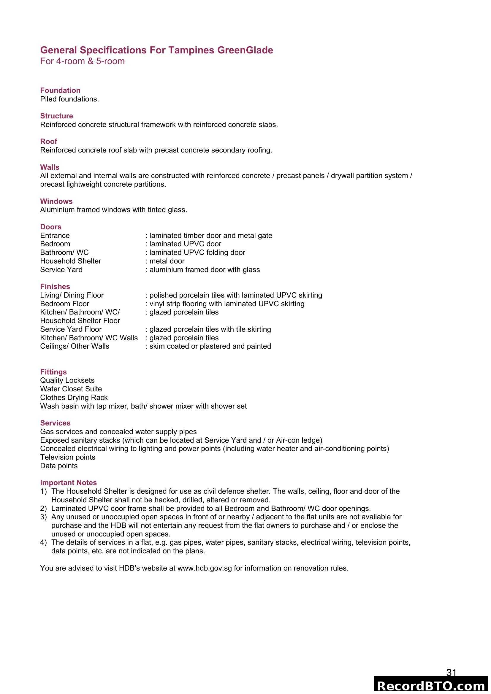 General Specifications for Tampines GreenGlade (4-room & 5-room)