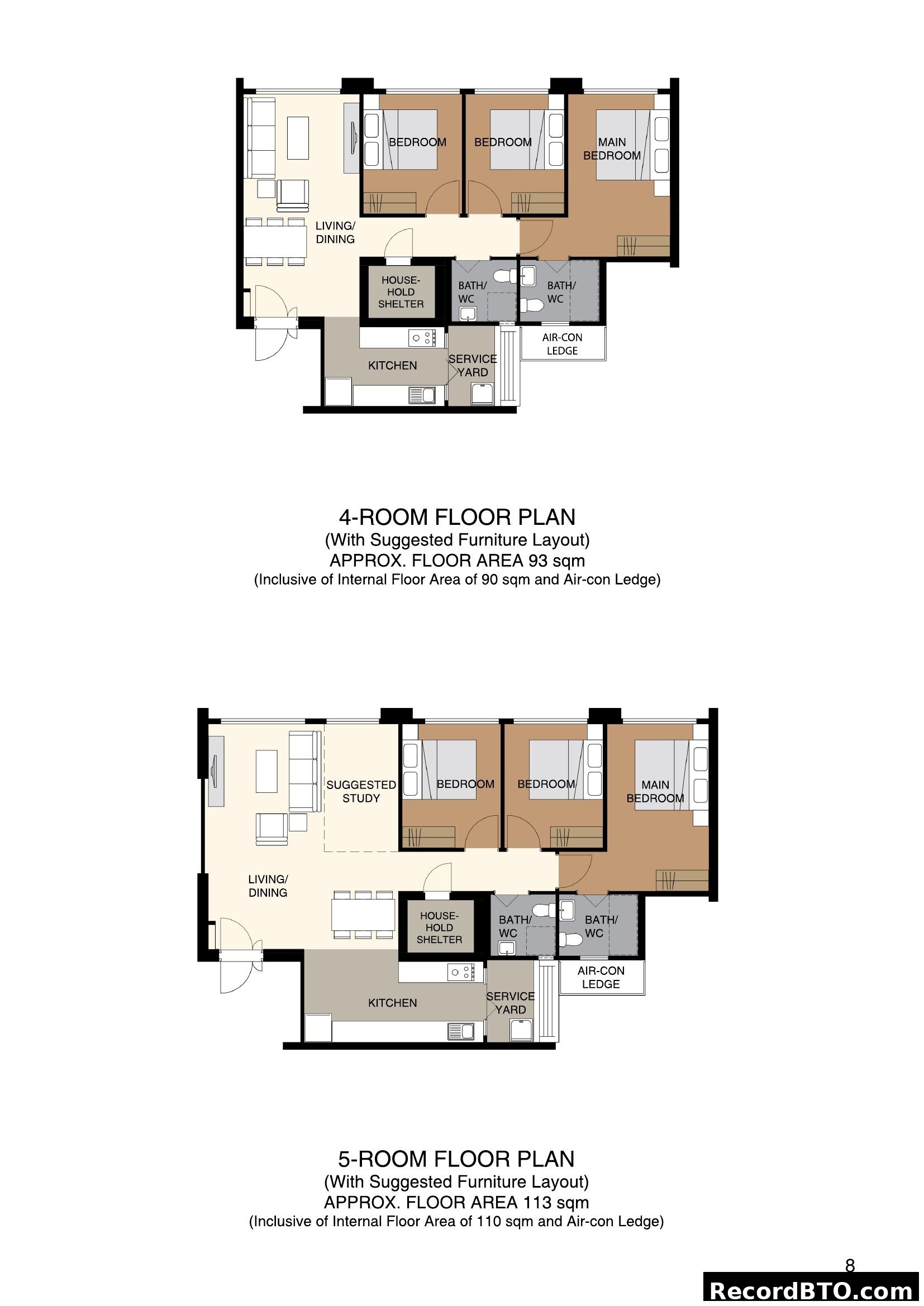 4-Room and 5-Room Floor Plans with Suggested Layouts