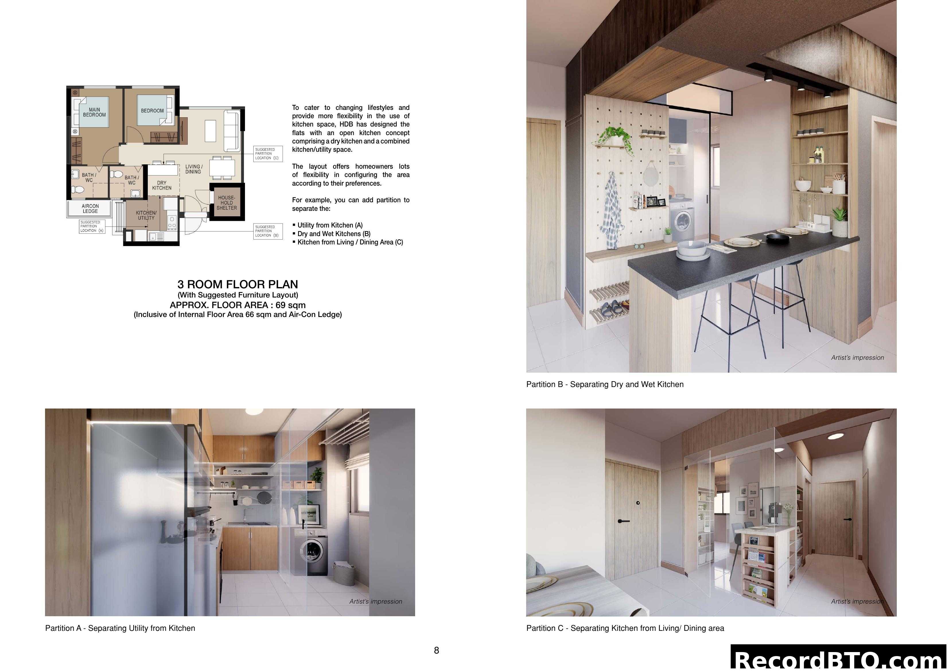 3 ROOM FLOOR PLAN (with flexible kitchen options)