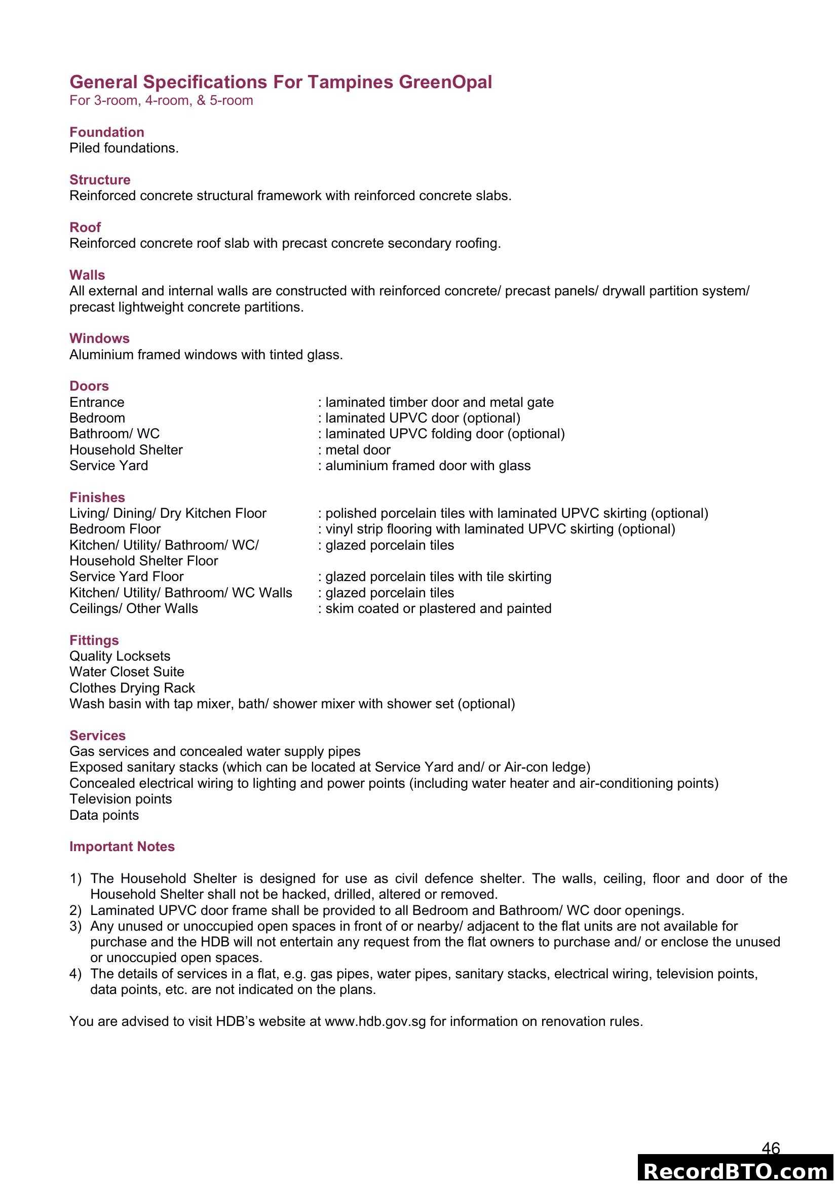 Tampines GreenOpal General Specifications