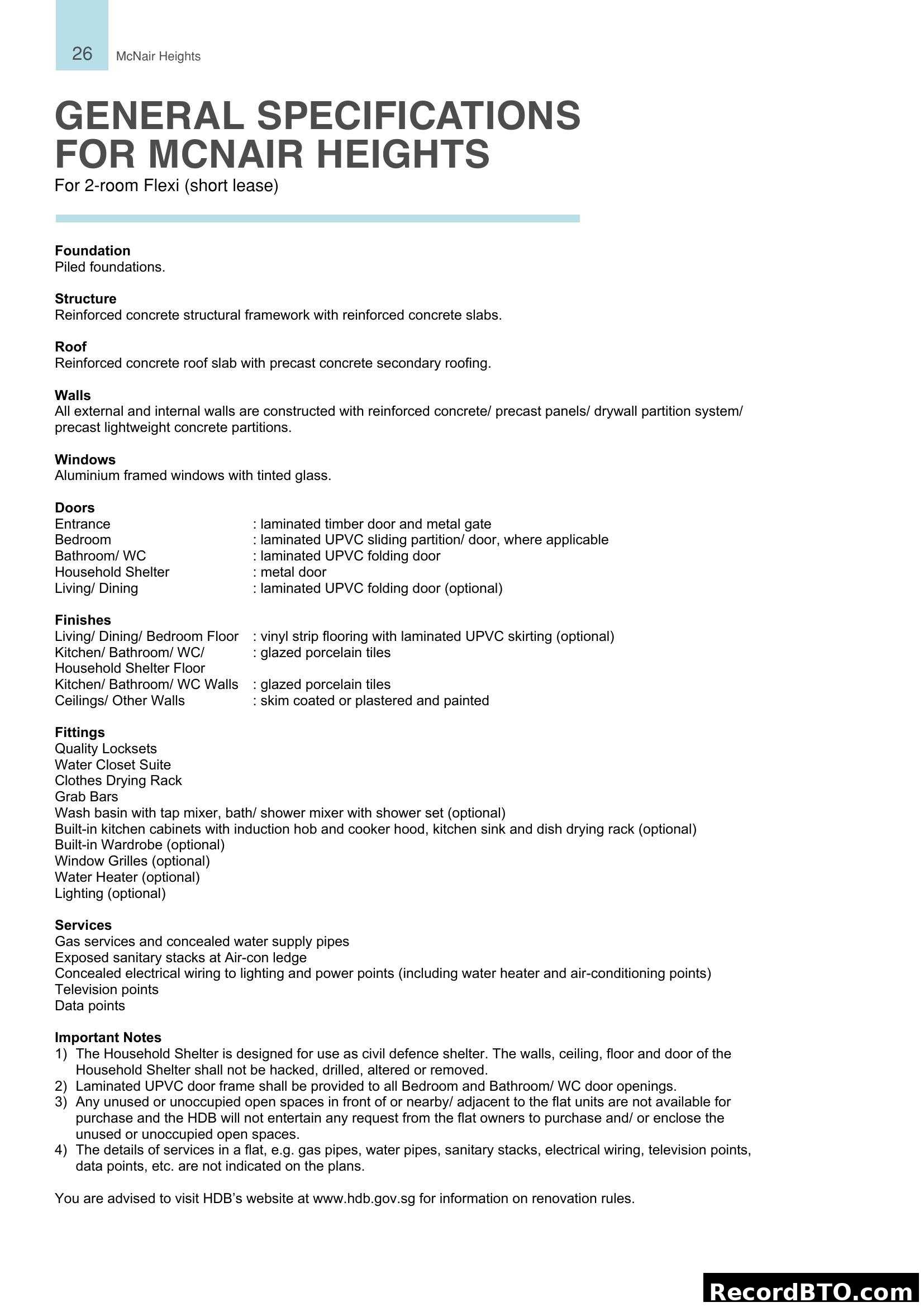 General Specifications for McNair Heights - 2-room Flexi